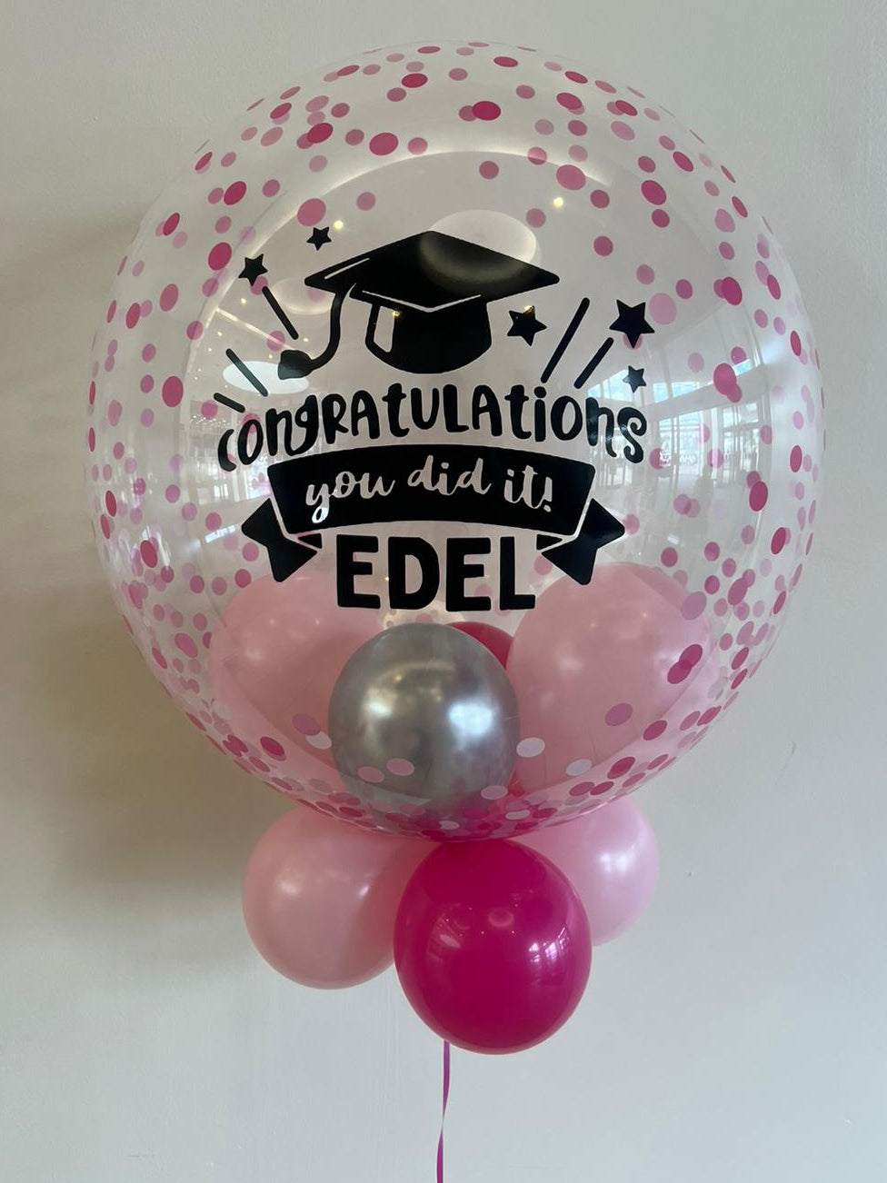Personalised Pink Confetti Bubble, Baby Pink, Dark Pink & Silver Smallies, Black Vinyl