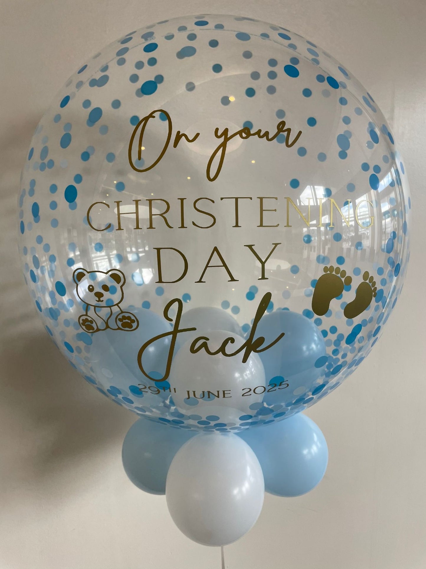 Personalised Blue Confetti Bubble, White & Baby Blue Smallies Inside & Underneath, Gold Vinyl