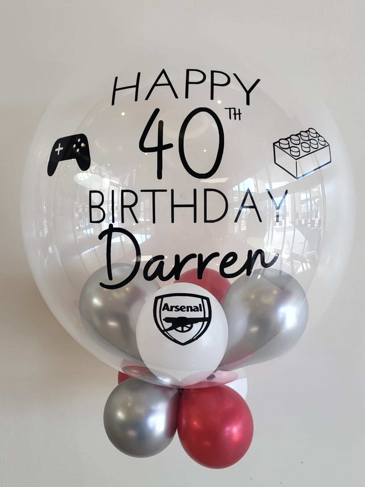 Personalised Clear Bubble, Red, Silver & White Smallies Inside & Underneath, Black Vinyl