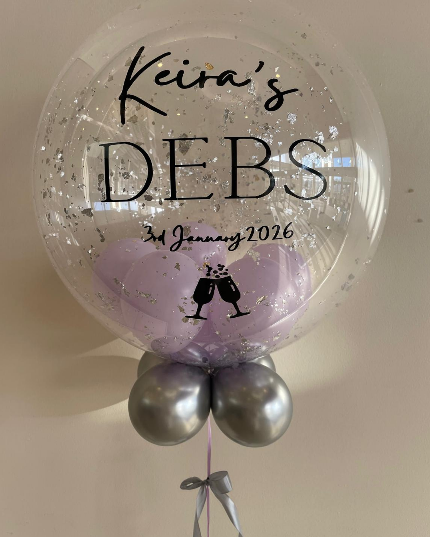 Personalised Clear Bubble with Silver Flakes – Lilac Smallies Inside & Silver Outside, Black Vinyl