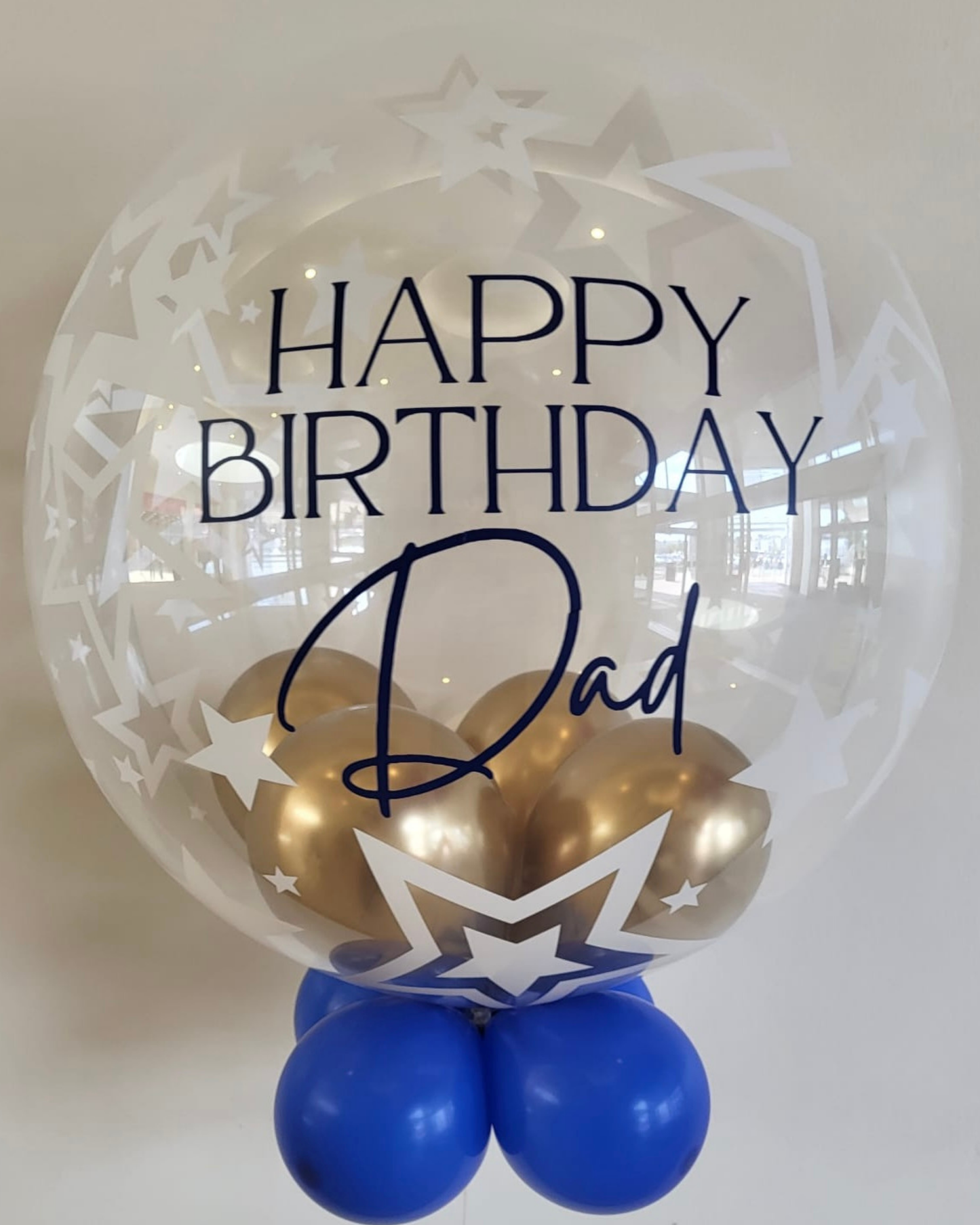 Personalised White Star Bubble – Gold Smallies Inside, Medium Blue Smallies Outside, Dark Blue Vinyl