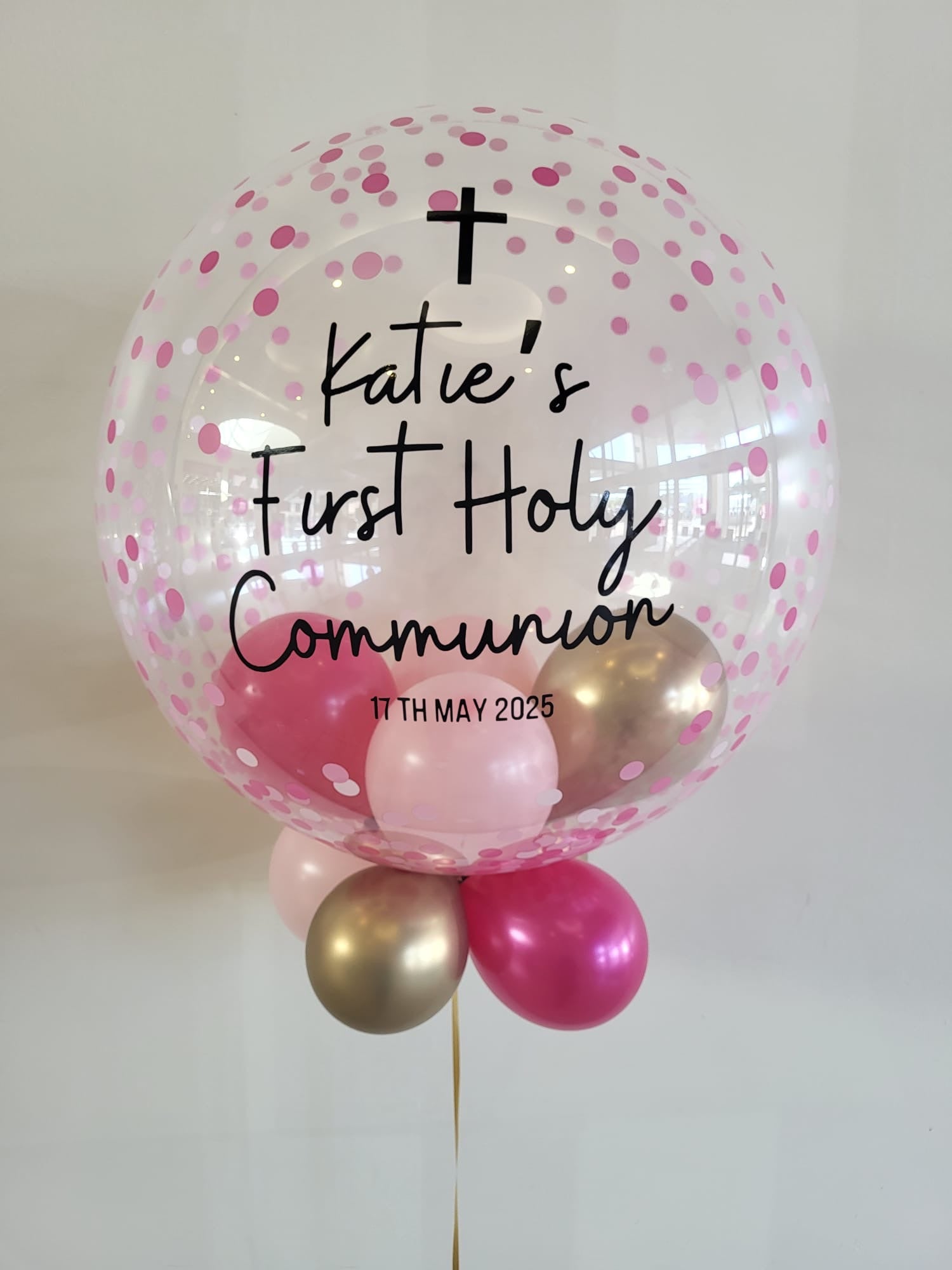 Personalised Pink Confetti Bubble – Baby Pink, Dark Pink & Gold Small Balloons, Black Vinyl