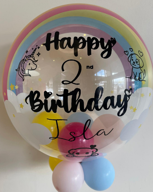 Personalised Rainbow Bubble – Dark Pink, Yellow, Baby Blue & Baby Pink Smallies, Black Vinyl