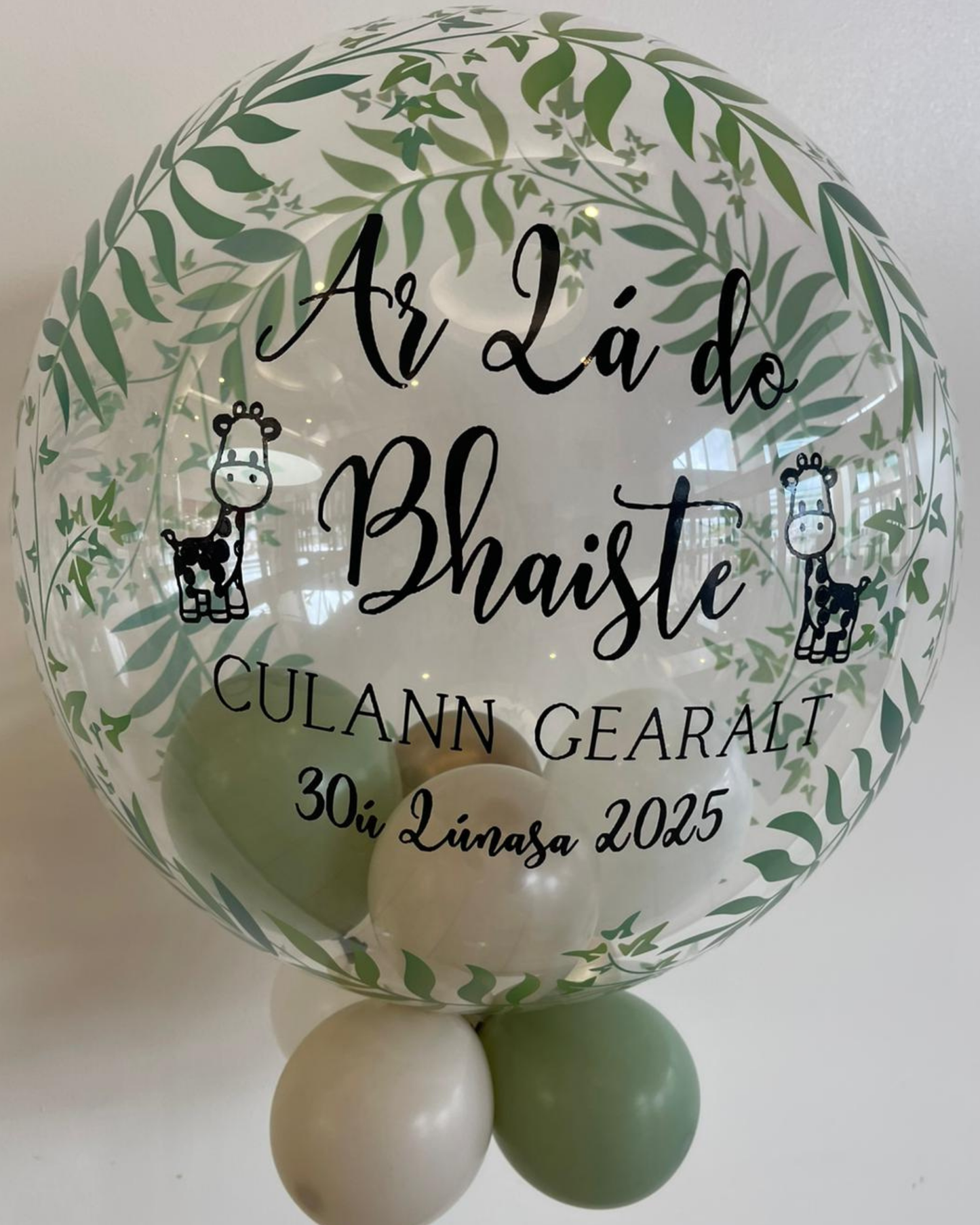Personalised Greenery Bubble – Eucalyptus, White, Cream & Gold Smallies, Black Vinyl