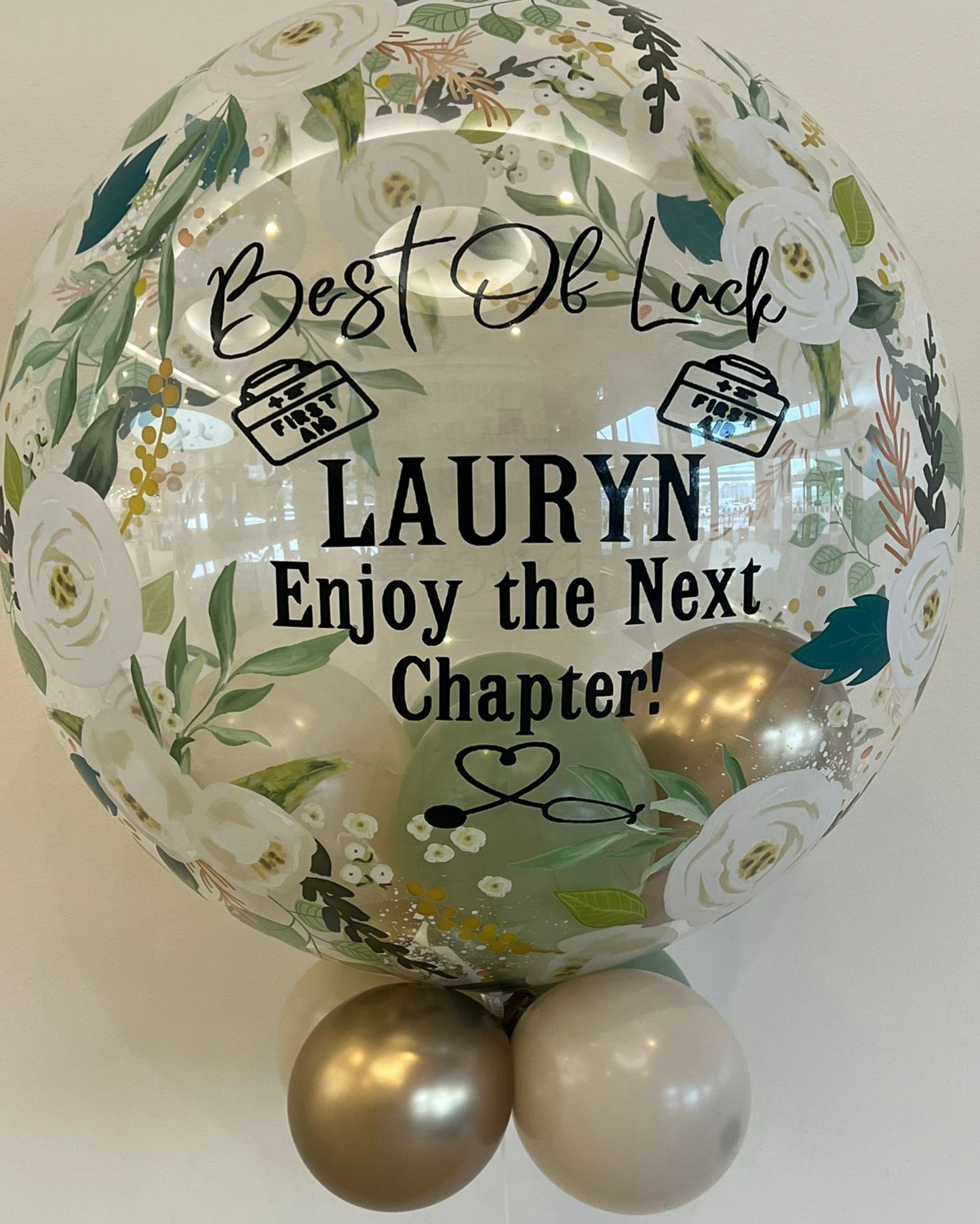 Personalised Floral Bubble – Eucalyptus, Cream & Gold Smallies, Black Vinyl