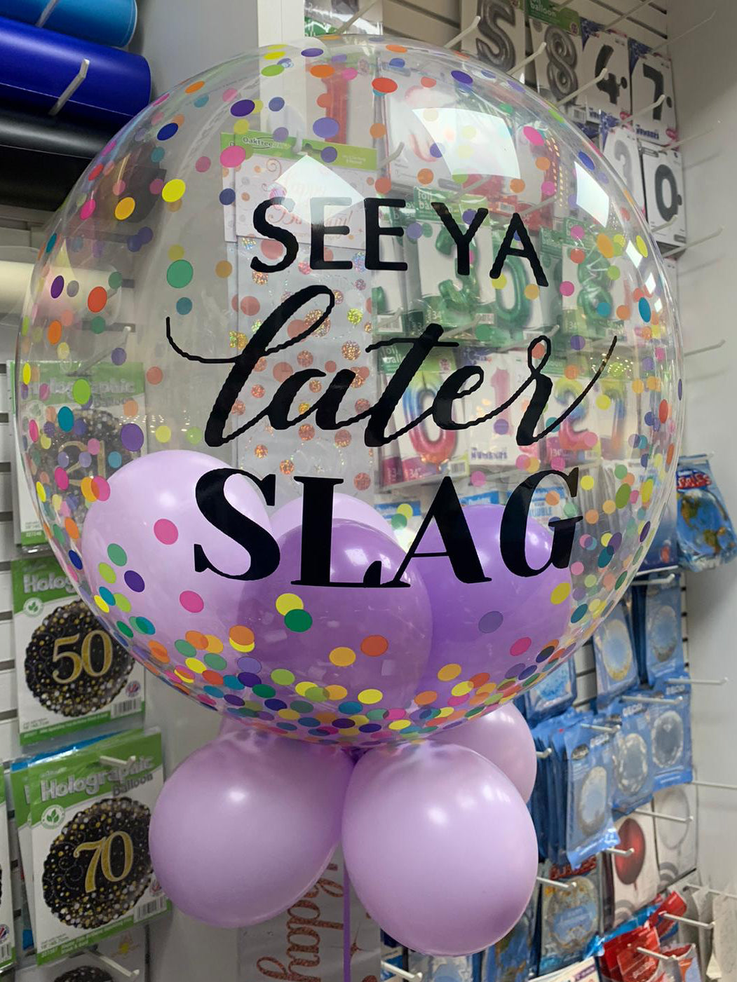 Personalised Multicoloured Confetti Bubble, Lilac & Mid Purple Smallies Inside & Underneath, Black Vinyl