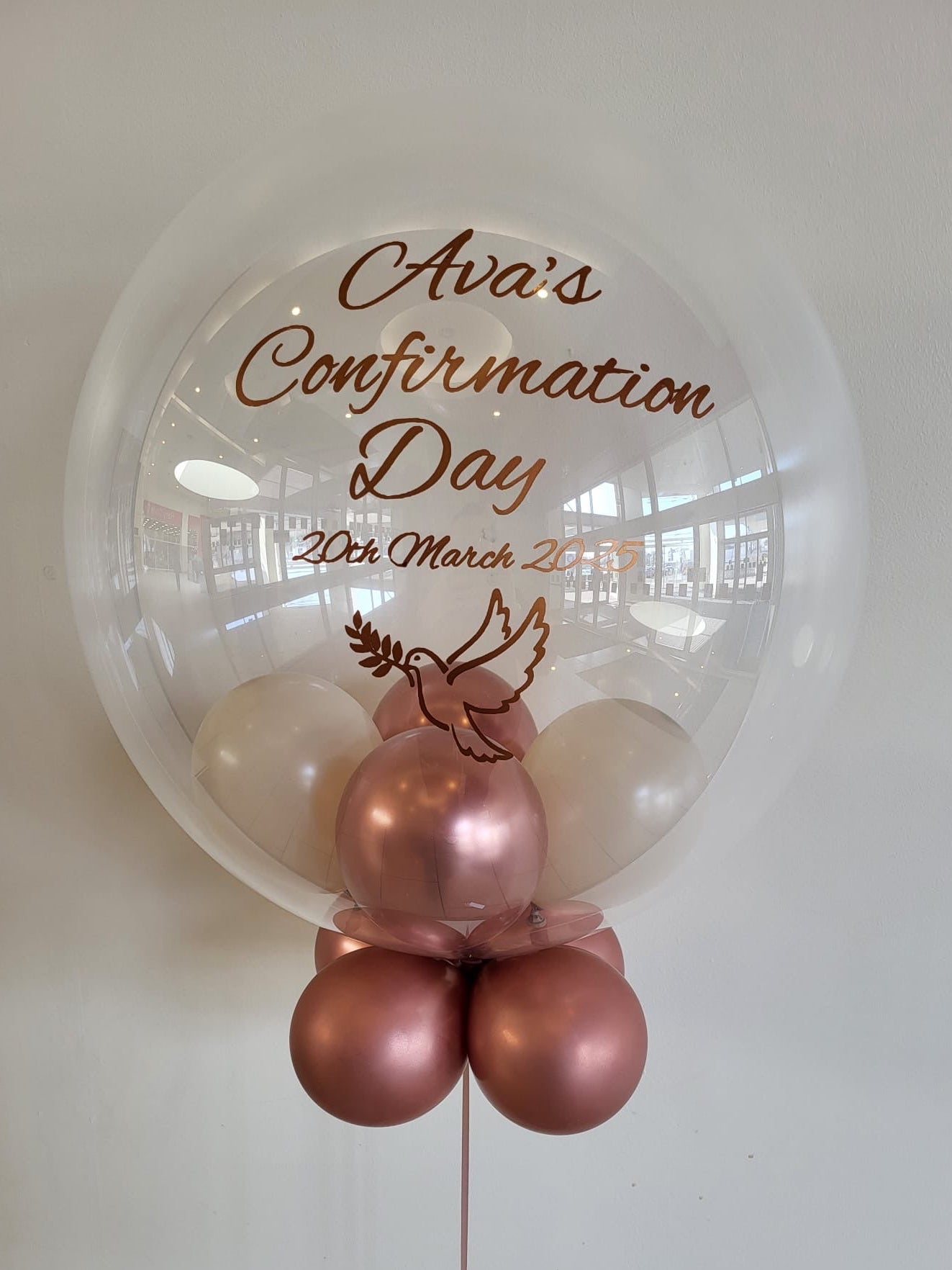 Personalised Clear Bubble, Cream & Rose Gold Smallies, Rose Gold Vinyl