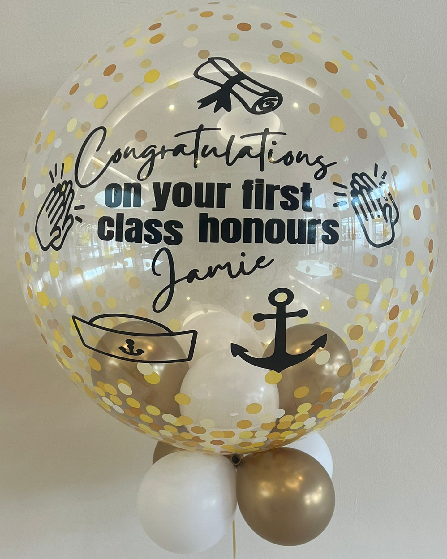Personalised Gold Confetti Bubble – White & Gold Smallies, Black Vinyl
