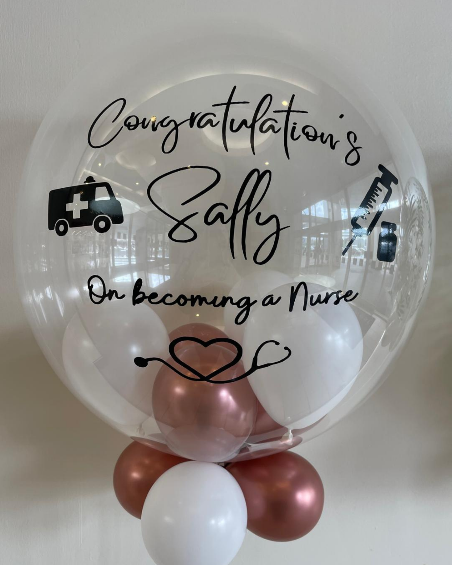 Personalised Clear Bubble – Rose Gold & White Smallies, Black Vinyl