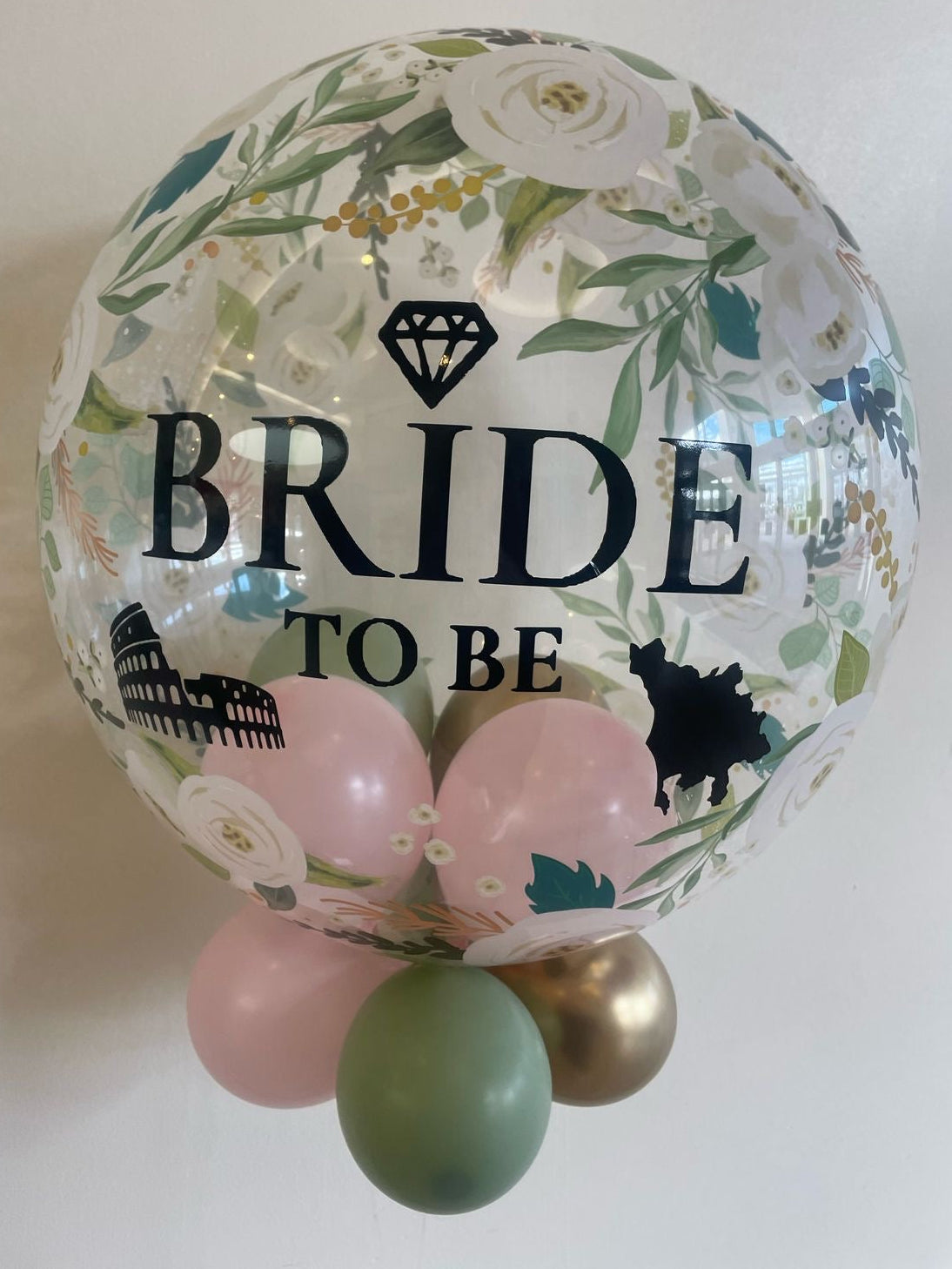 Personalised Floral Bubble, Baby Pink, Eucalyptus & Gold Smallies, Black Vinyl
