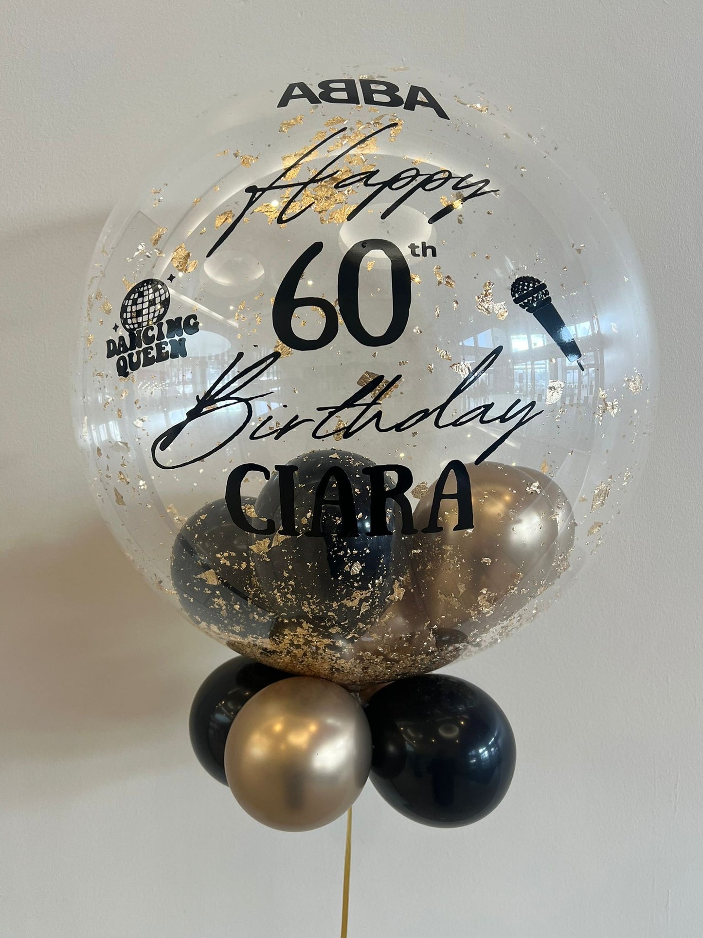 Personalised Clear Bubble with Gold Flakes – Black & Gold Smallies, Black Vinyl