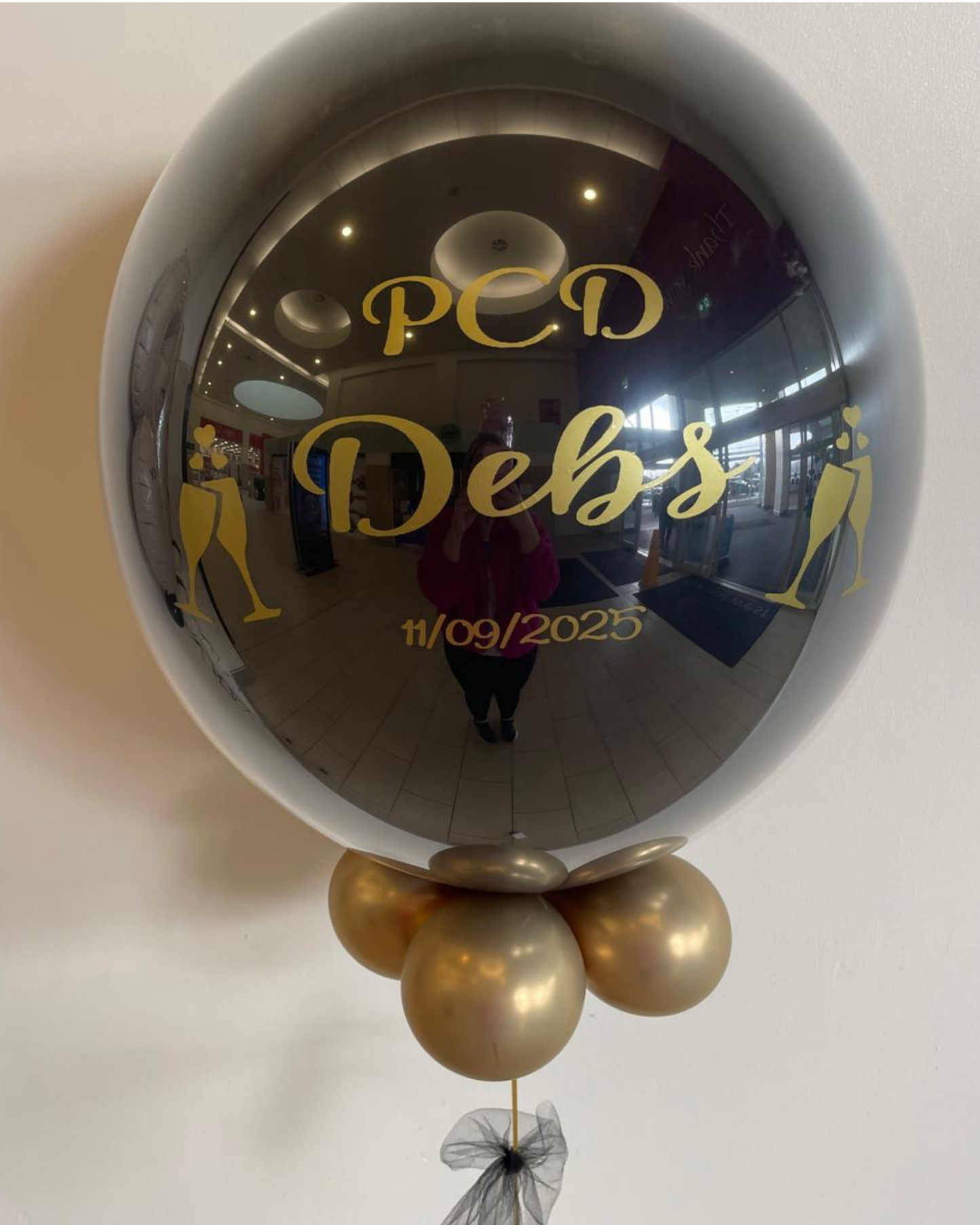 Personalised Black Bubble – Gold Smallies Underneath, Gold Vinyl & Black Tulle Bow