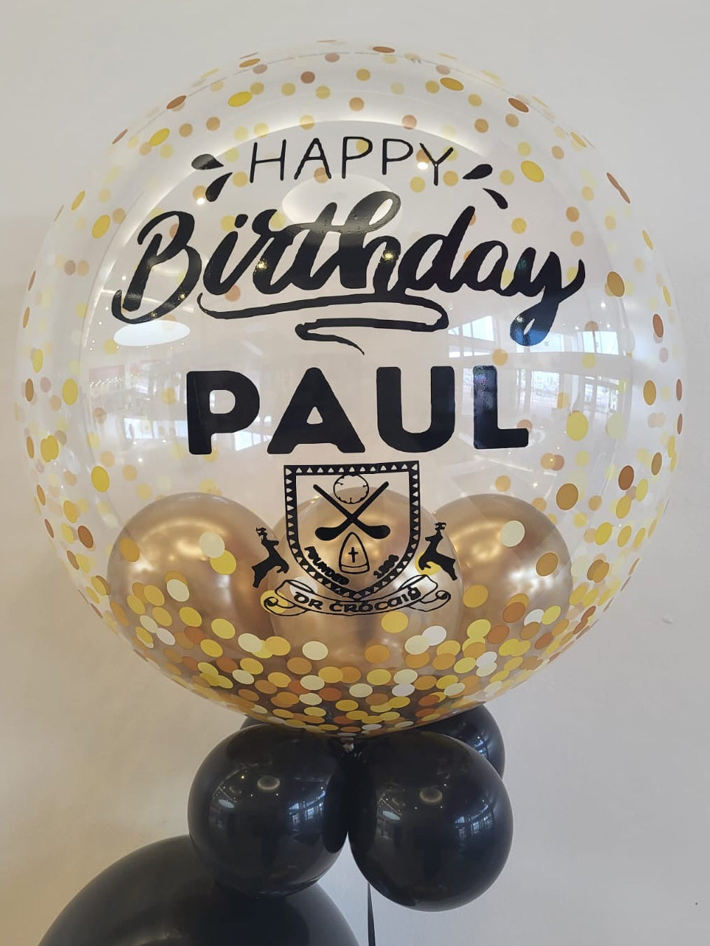 Personalised Gold Confetti Bubble, Gold & Black Smallies, Black Vinyl
