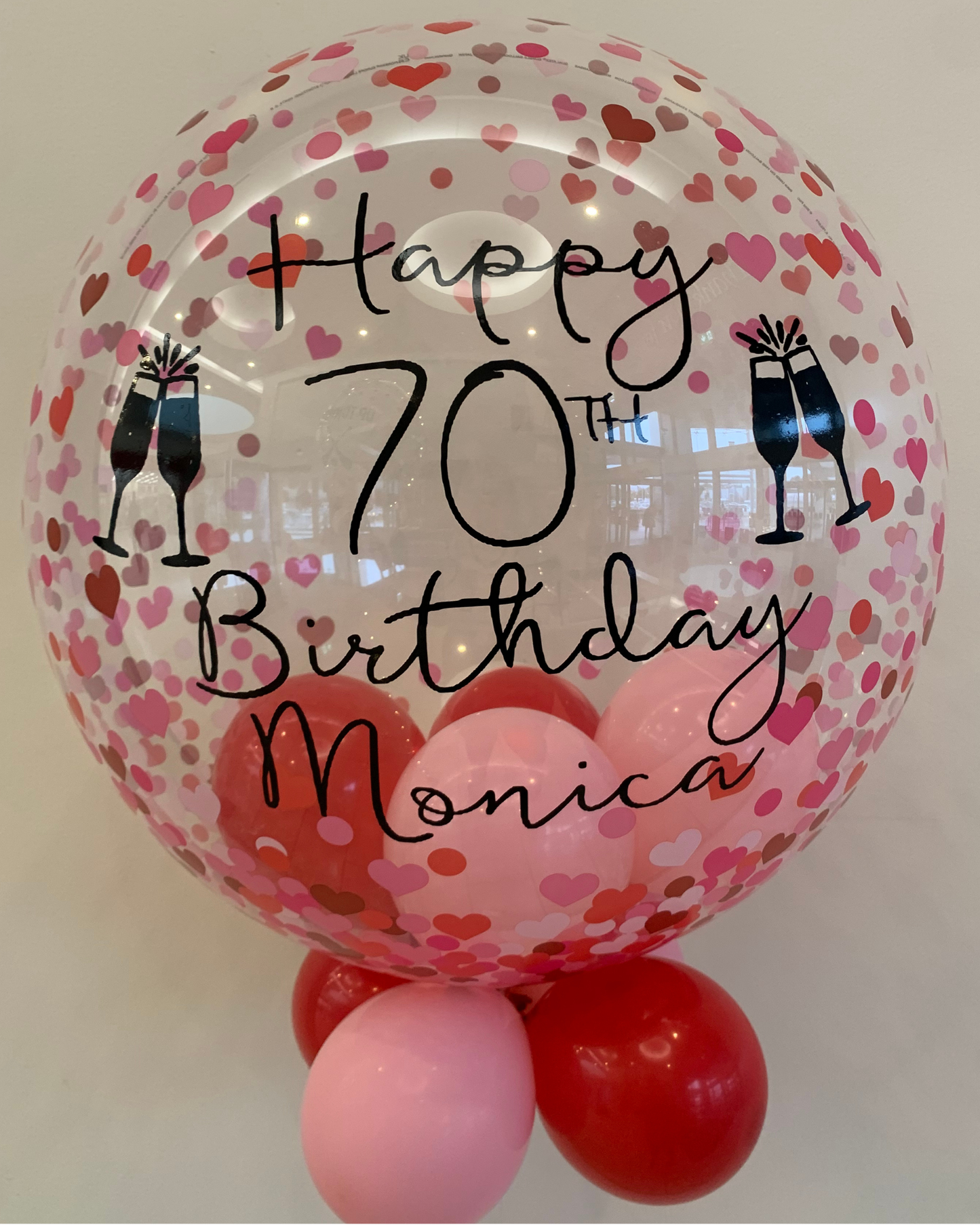 Personalised Heart Confetti Bubble – Dark Pink & Red Smallies, Black Vinyl