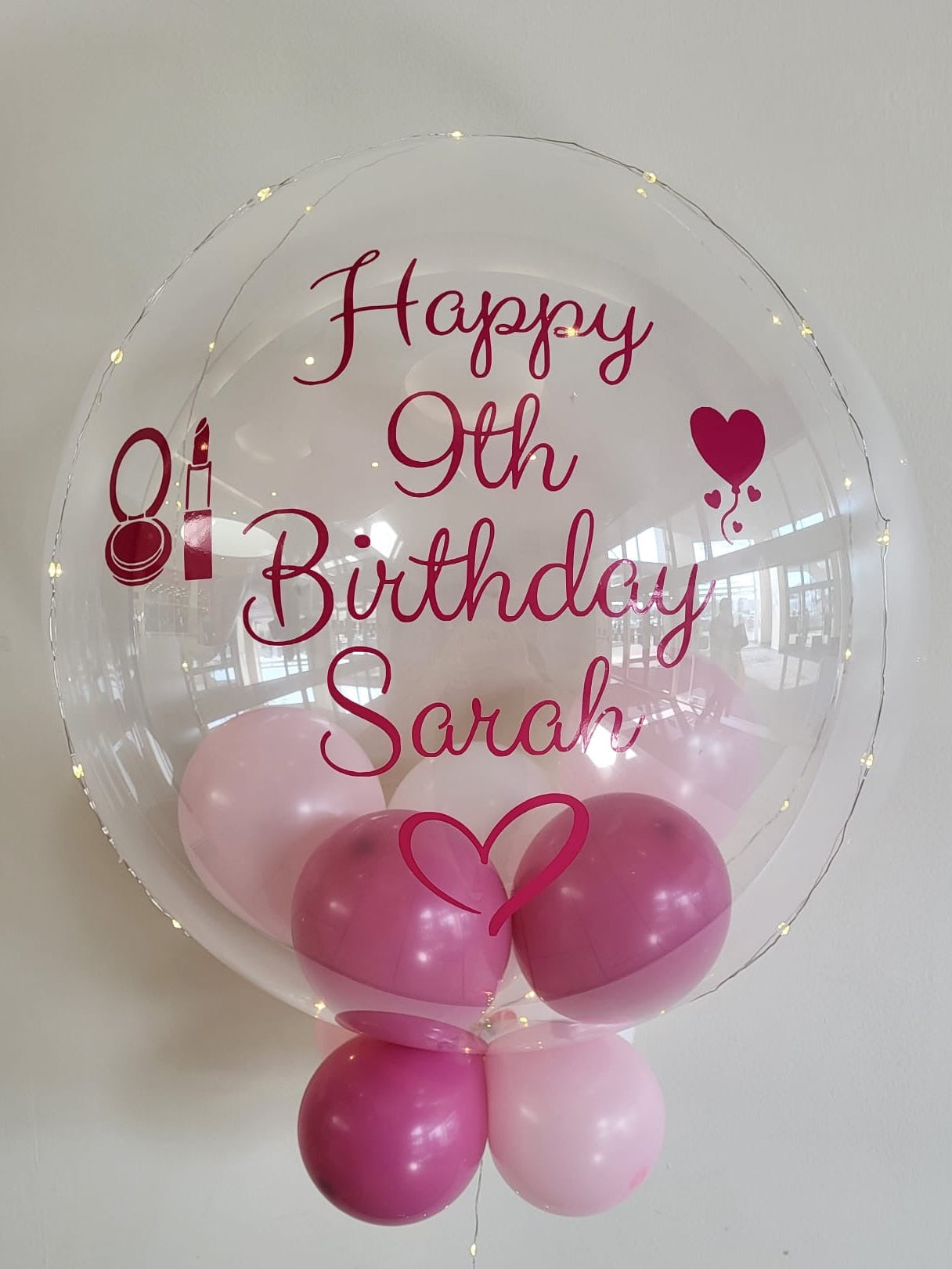 Personalised Clear Bubble, Shades of Pink Smallies Inside & Underneath, Dark Pink Vinyl