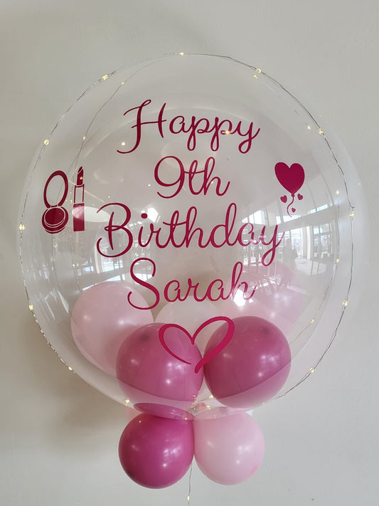 Personalised Clear Bubble, Shades of Pink Smallies Inside & Underneath, Dark Pink Vinyl