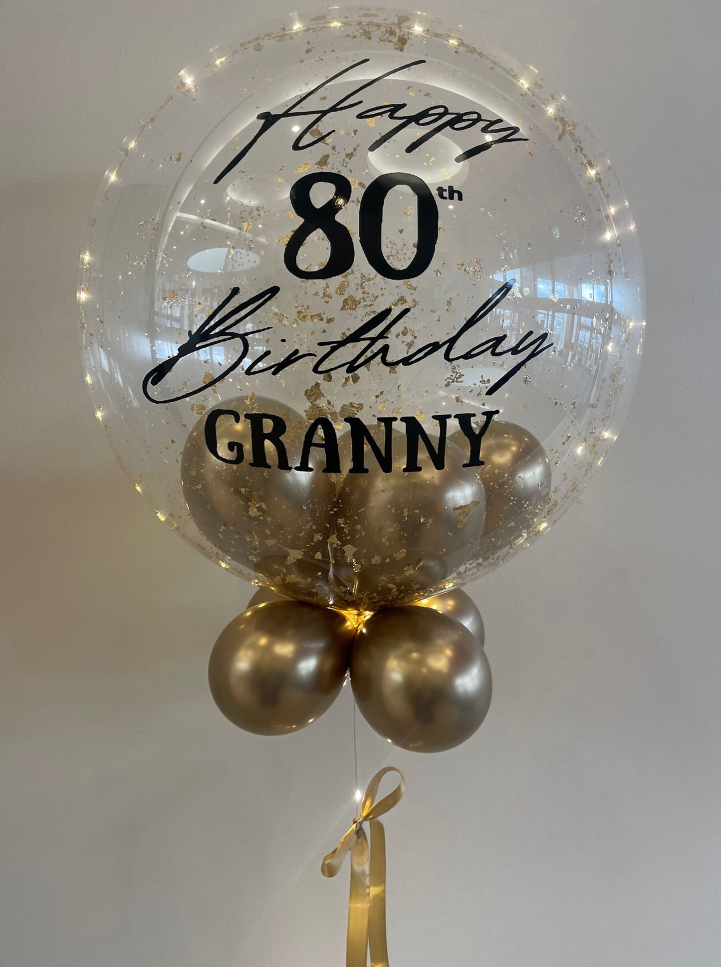 Personalised Clear Bubble with Gold Flakes, Gold Smallies, Gold Bow, Black Vinyl