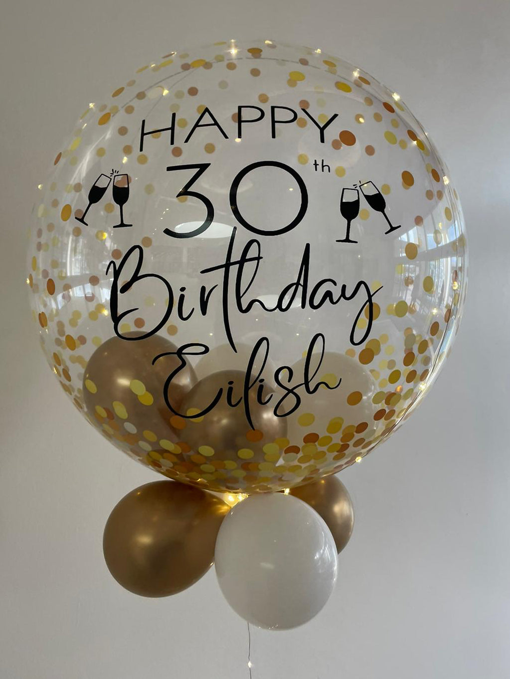 Personalised Gold Confetti Bubble, White, Cream & Gold Smallies, Gold Vinyl