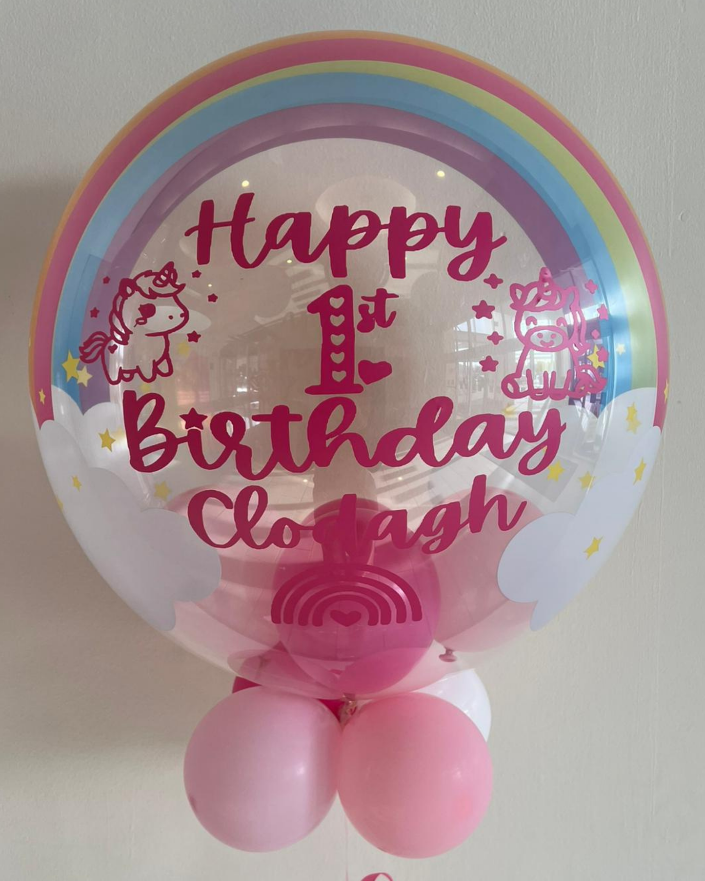 Personalised Rainbow Bubble – Mix of Pink Smallies, Dark Pink Vinyl