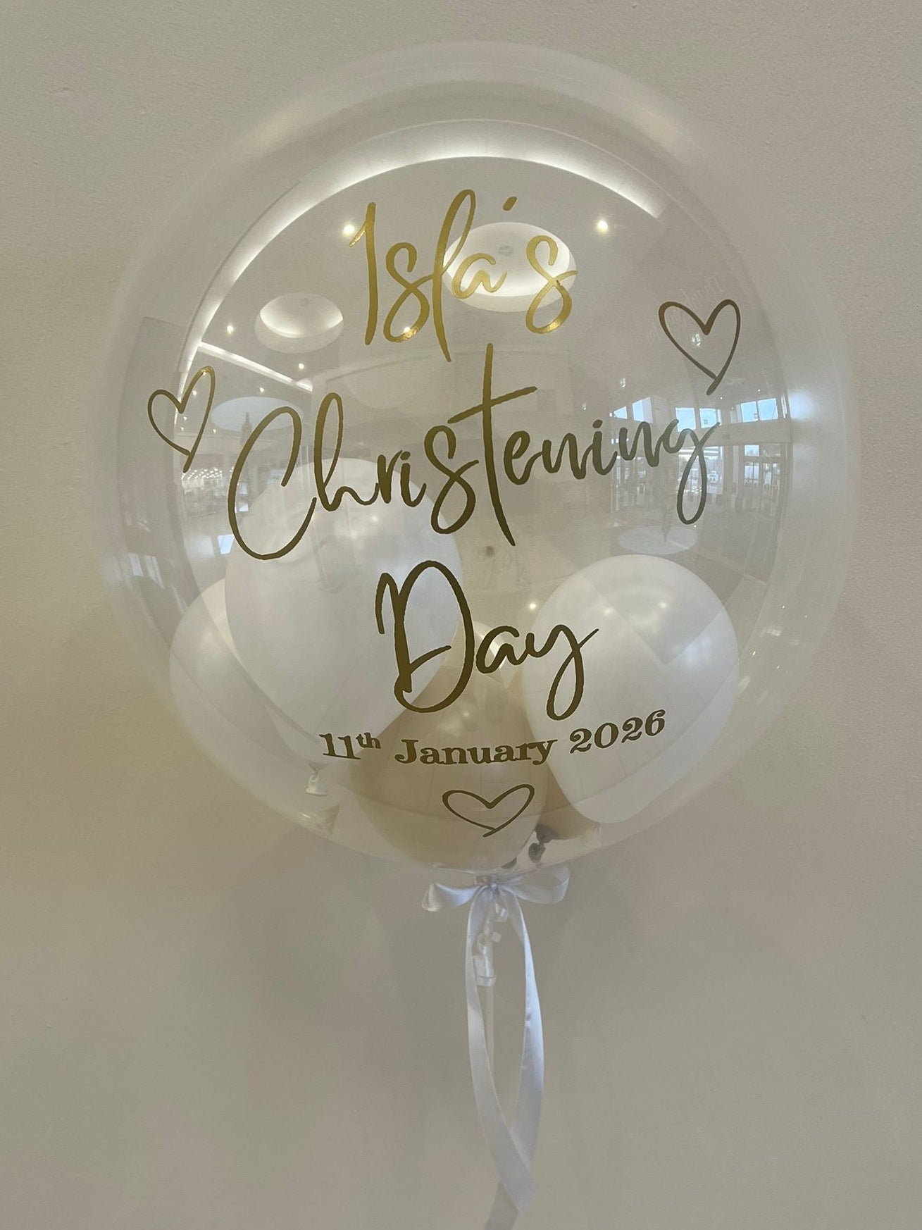 Personalised Clear Bubble, Cream & White Smallies Inside, White Bow, Gold Vinyl