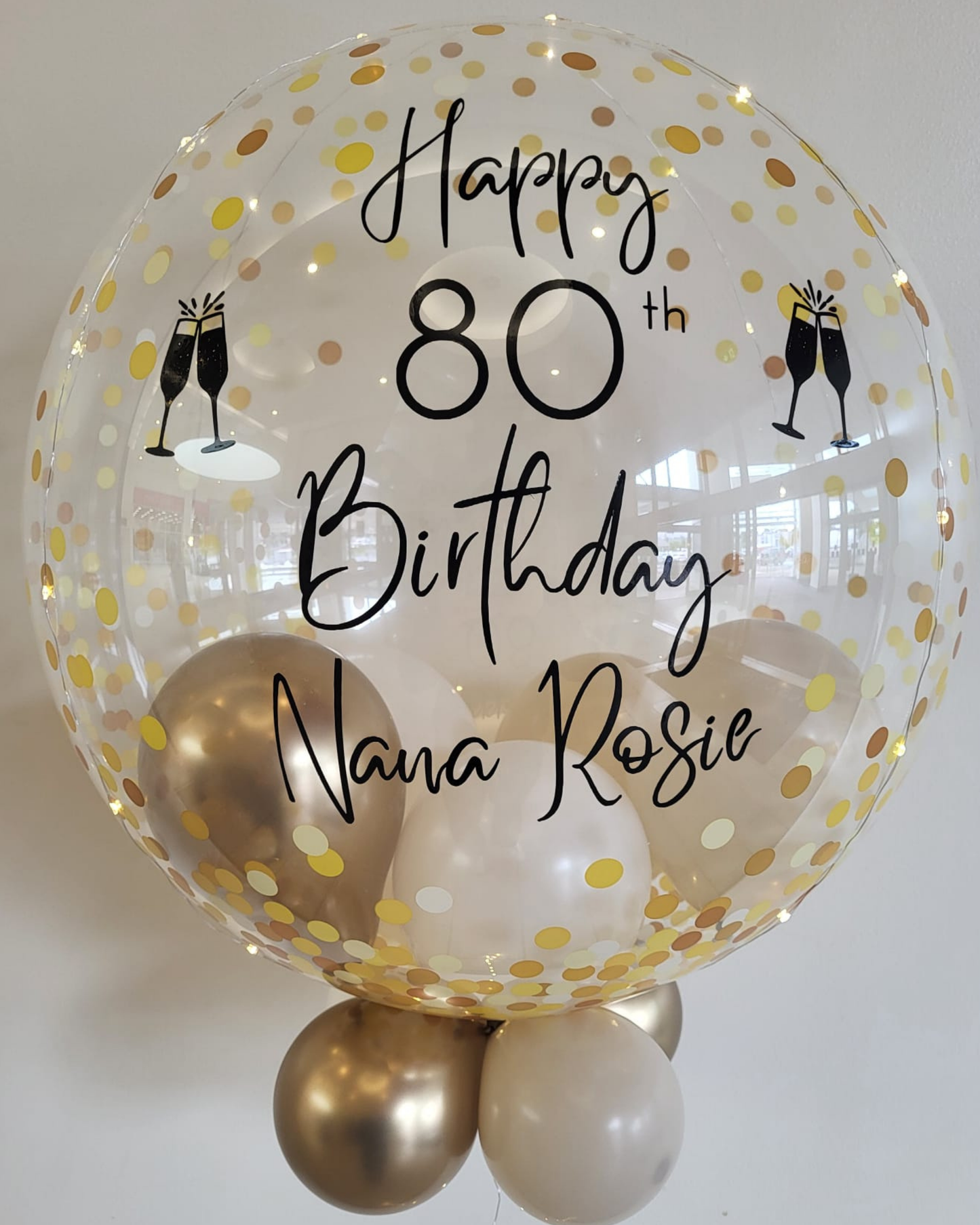 Personalised Gold Confetti Bubble – Cream, White & Gold Smallies, Black Vinyl