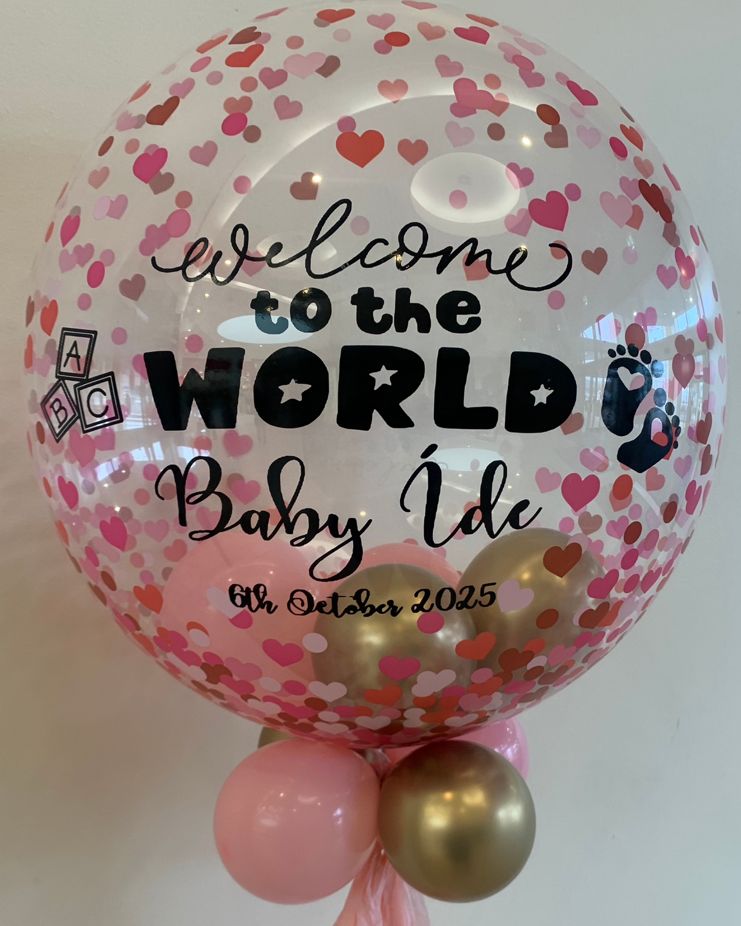 Personalised Pink Heart Confetti Bubble – Baby Pink & Gold Smallies, Black Vinyl