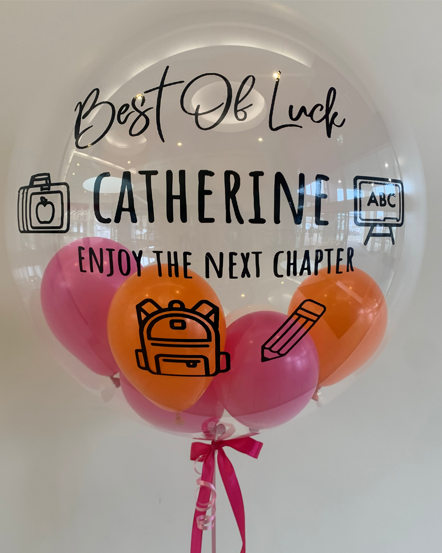 Personalised Clear Bubble – Dark Pink & Orange Smallies, Dark Pink Bow, Black Vinyl