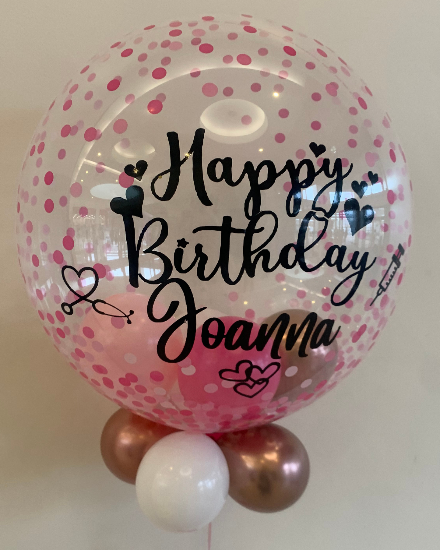 Personalised Pink Confetti Bubble – Rose Gold, Baby Pink & Dark Pink Smallies, Black Vinyl