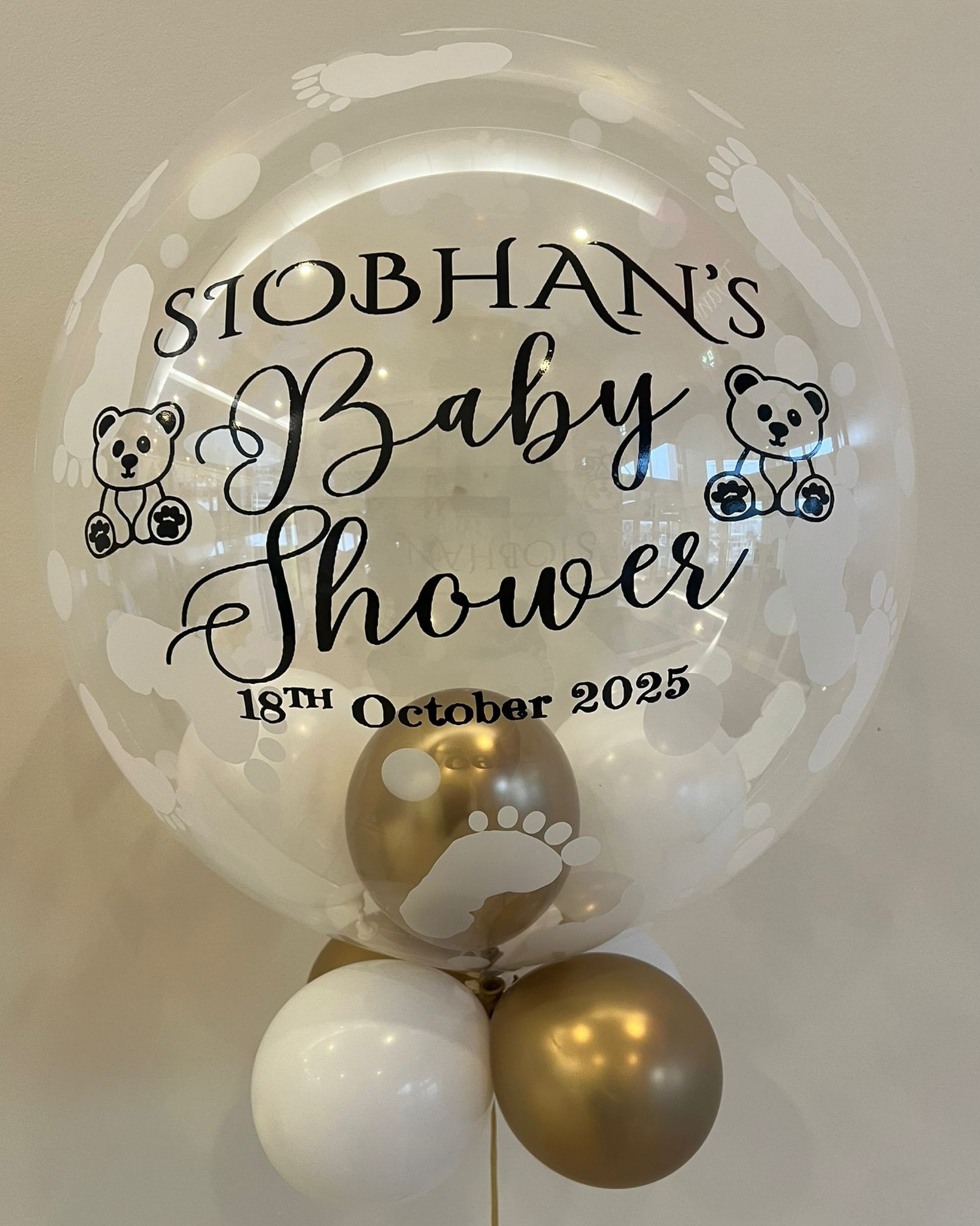 Personalised Baby Footprint Bubble – Gold & White Smallies, Black Vinyl