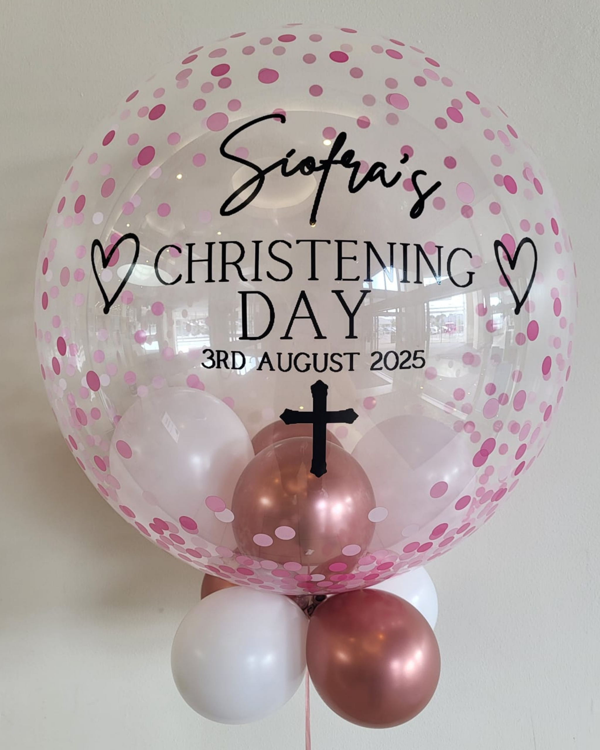 Personalised Pink Confetti Bubble – White & Rose Gold Smallies, Black Vinyl
