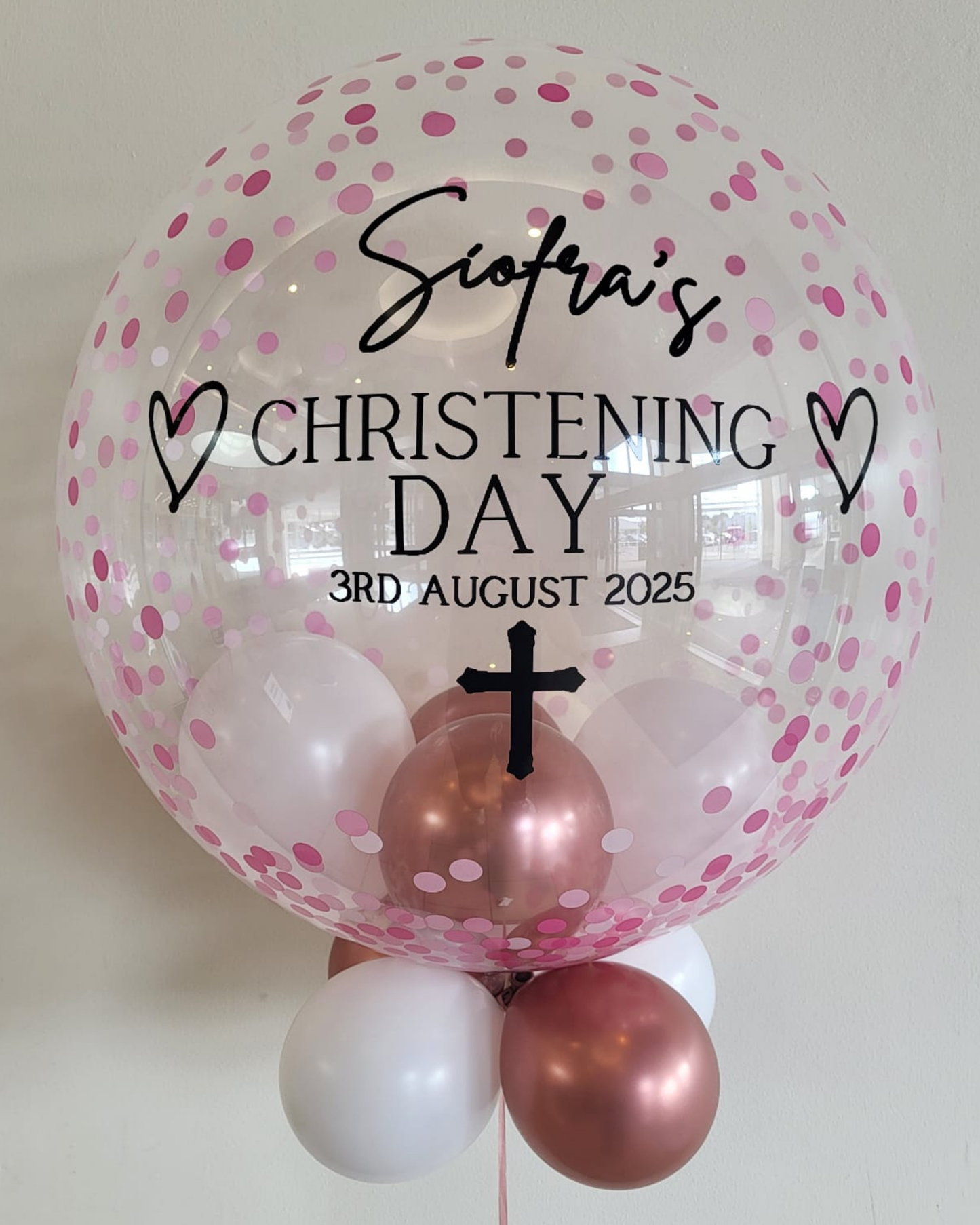 Personalised Pink Confetti Bubble – White & Rose Gold Smallies, Black Vinyl