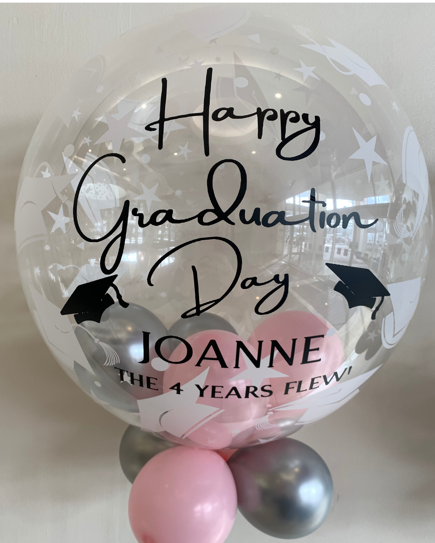 Personalised Graduation Bubble – Baby Pink & Silver Smallies, Black Vinyl