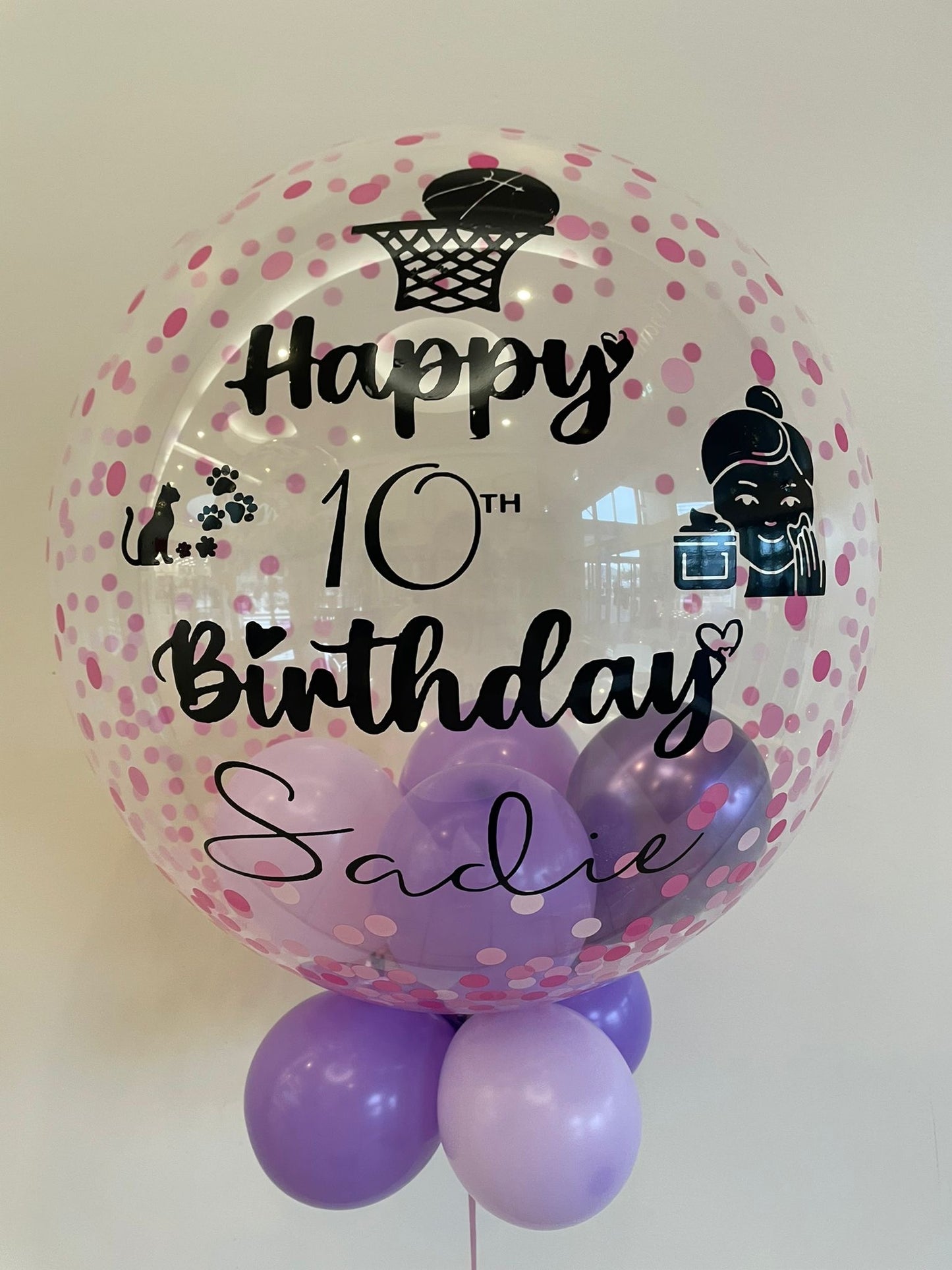 Personalised Pink Confetti Bubble, Shades of Purple Mini Balloons Inside & Underneath, Black Vinyl