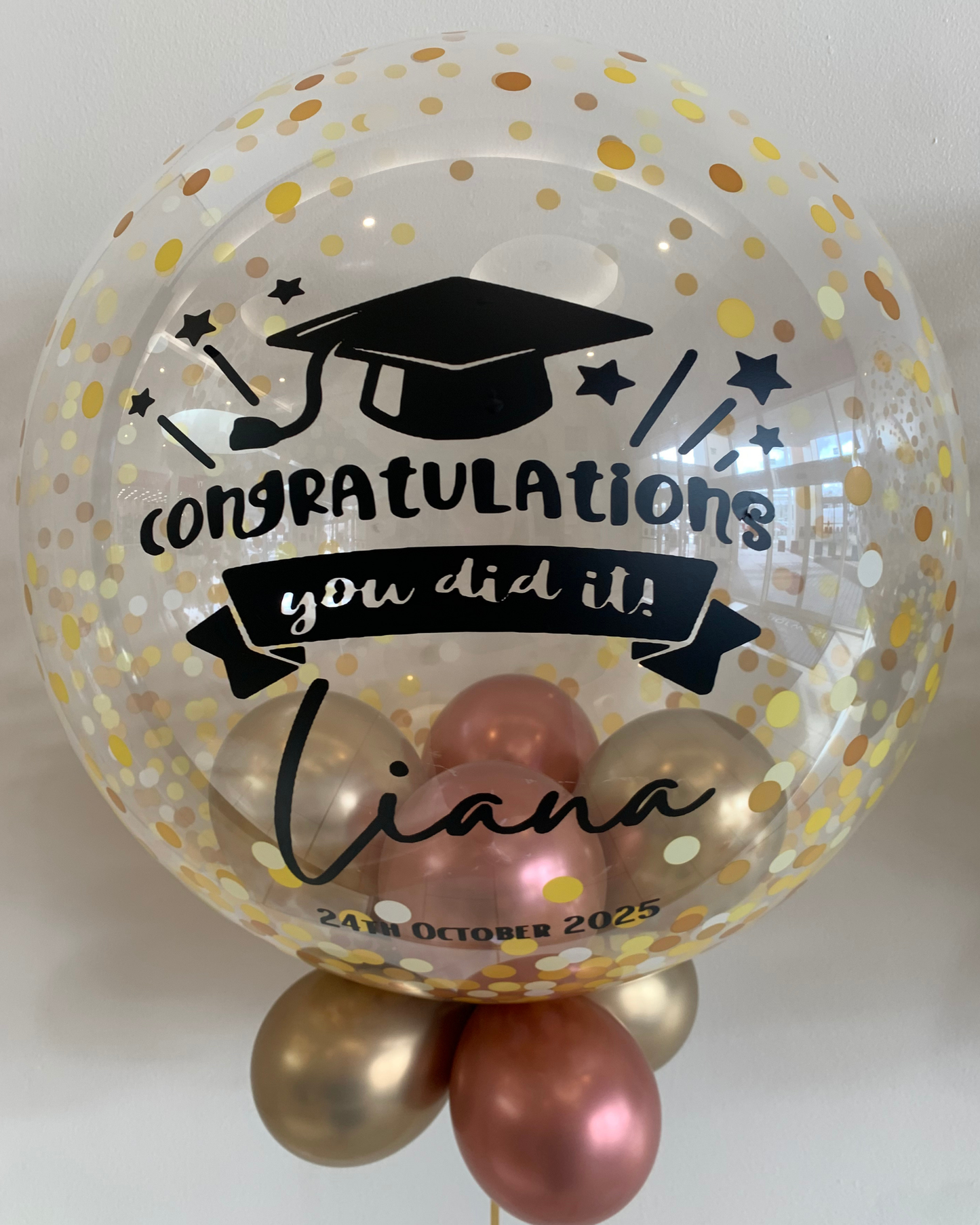 Personalised Gold Confetti Bubble – Rose Gold & Gold Smallies, Black Vinyl