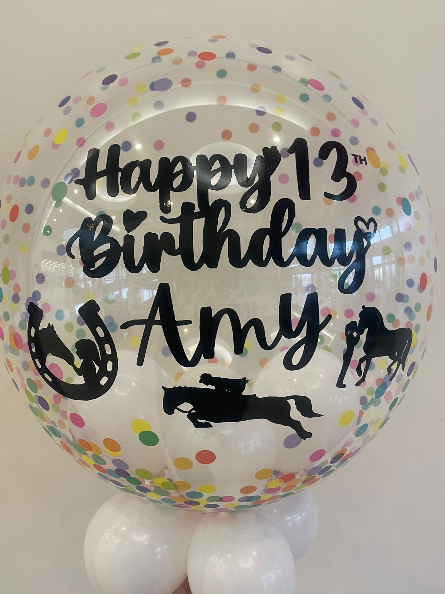 Personalised Multicoloured Confetti Bubble, White Smallies Inside & Underneath, Black Vinyl