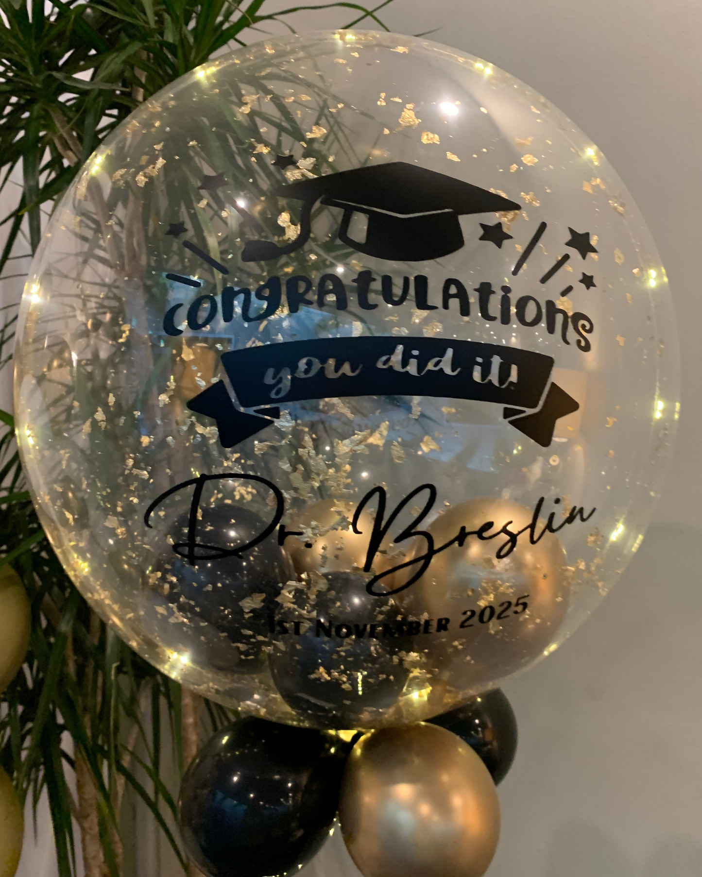 Personalised Clear Bubble – Gold Flakes, Black & Gold Smallies, Black Vinyl