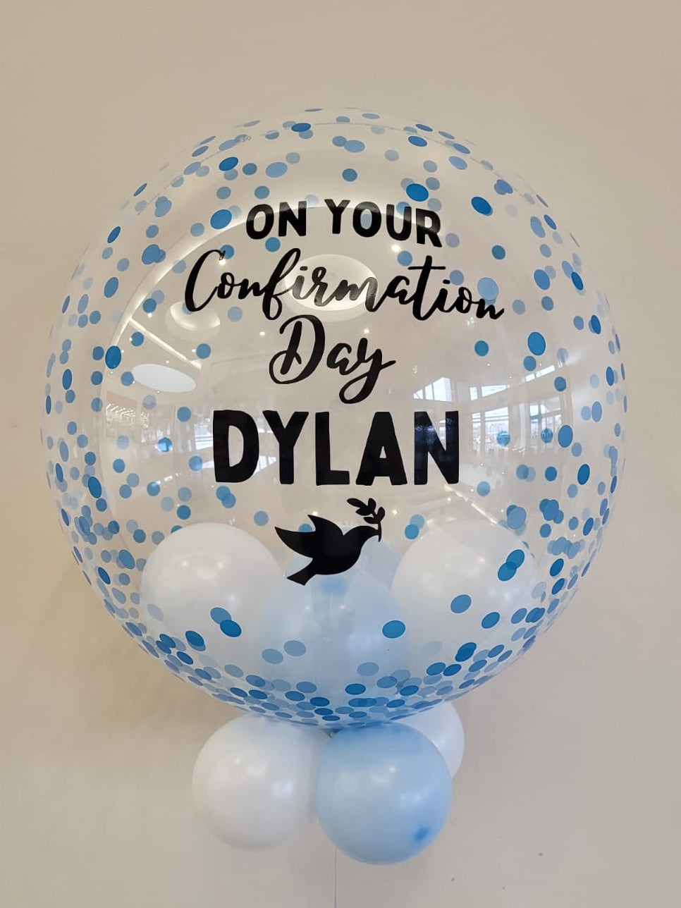 Personalised Blue Confetti Bubble, Baby Blue & White Smallies Inside & Underneath, Black Vinyl