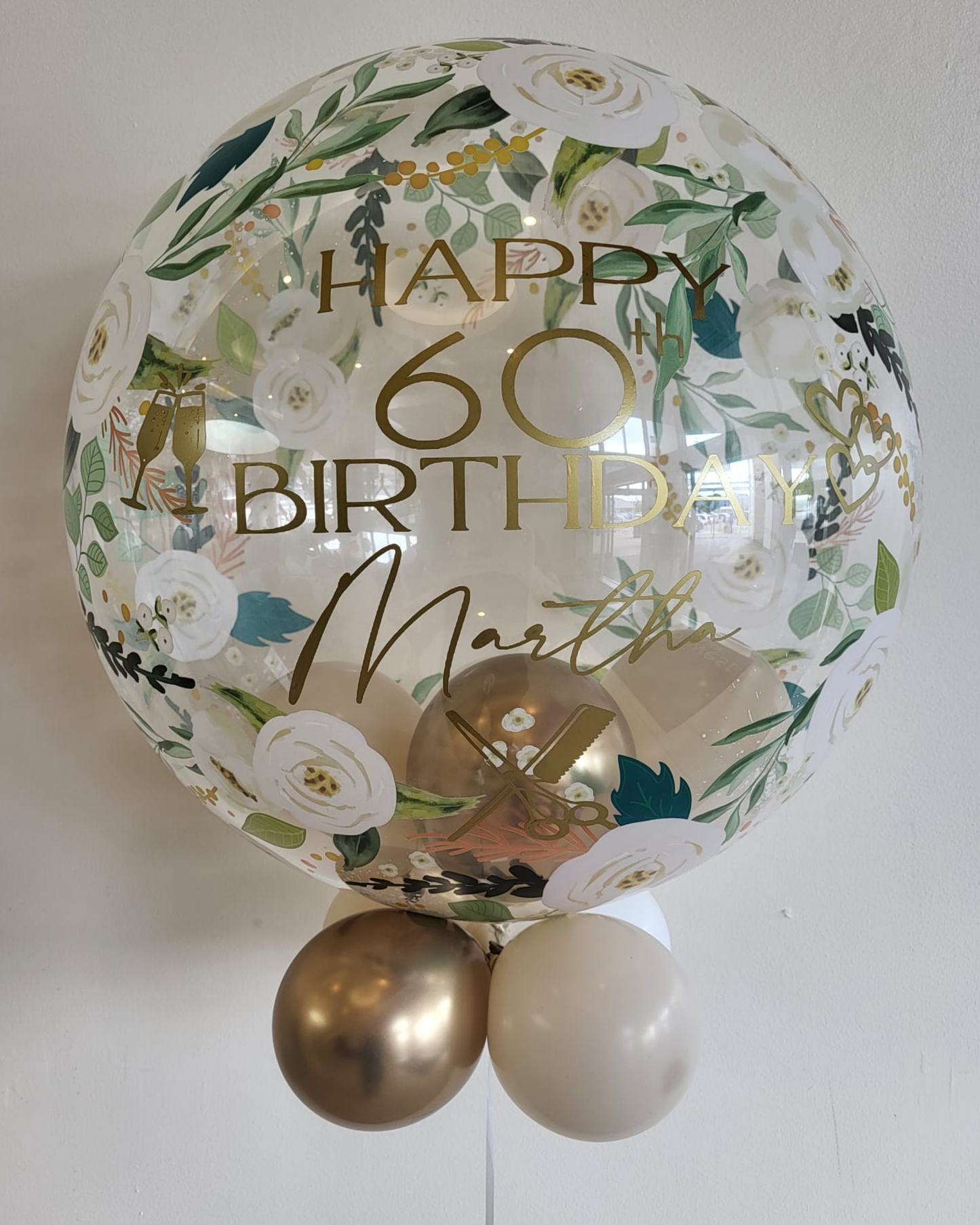 Personalised Floral Bubble – Cream, White & Gold Smallies, Gold Vinyl