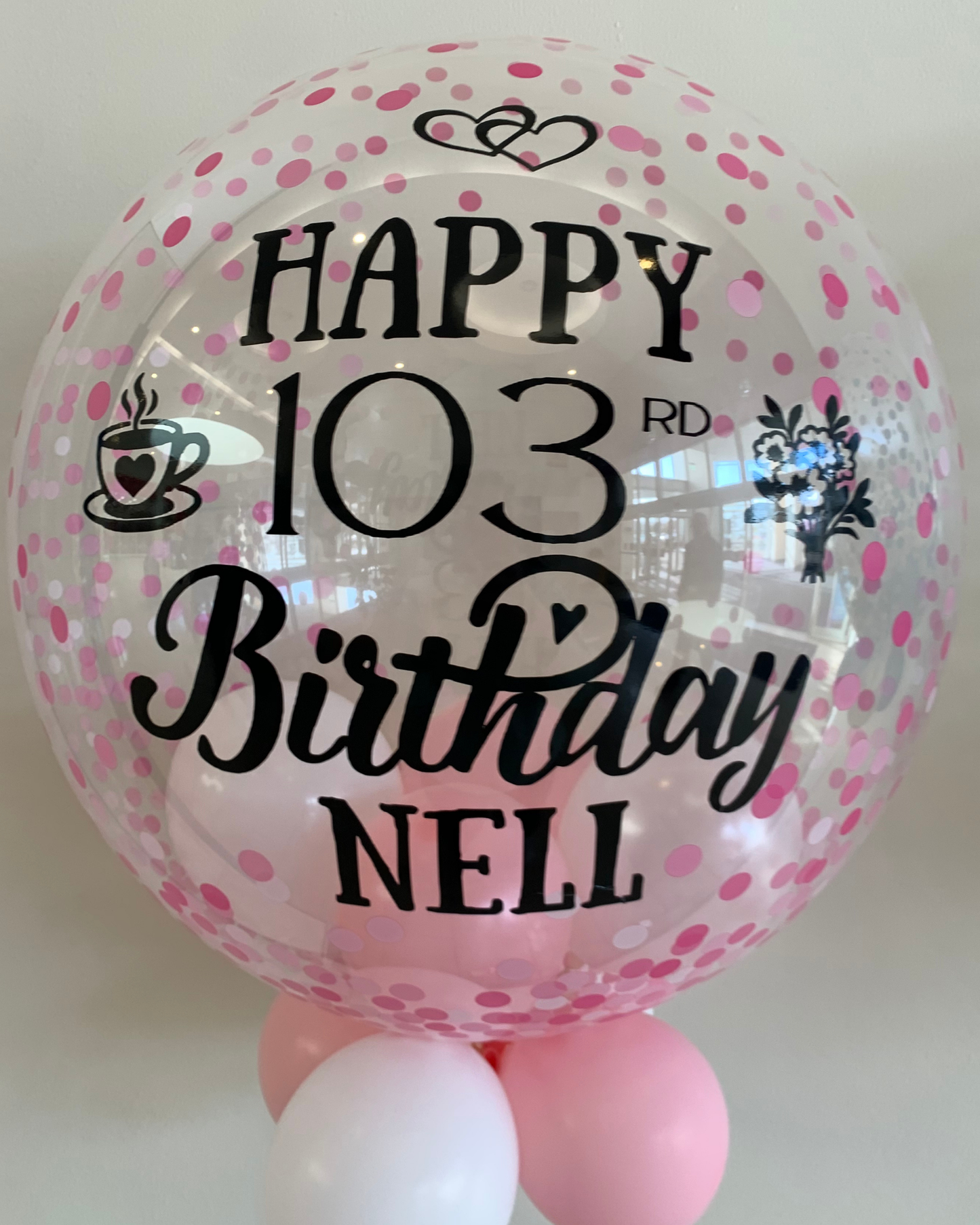Personalised Pink Confetti Bubble – Baby Pink & White Smallies, Black Vinyl