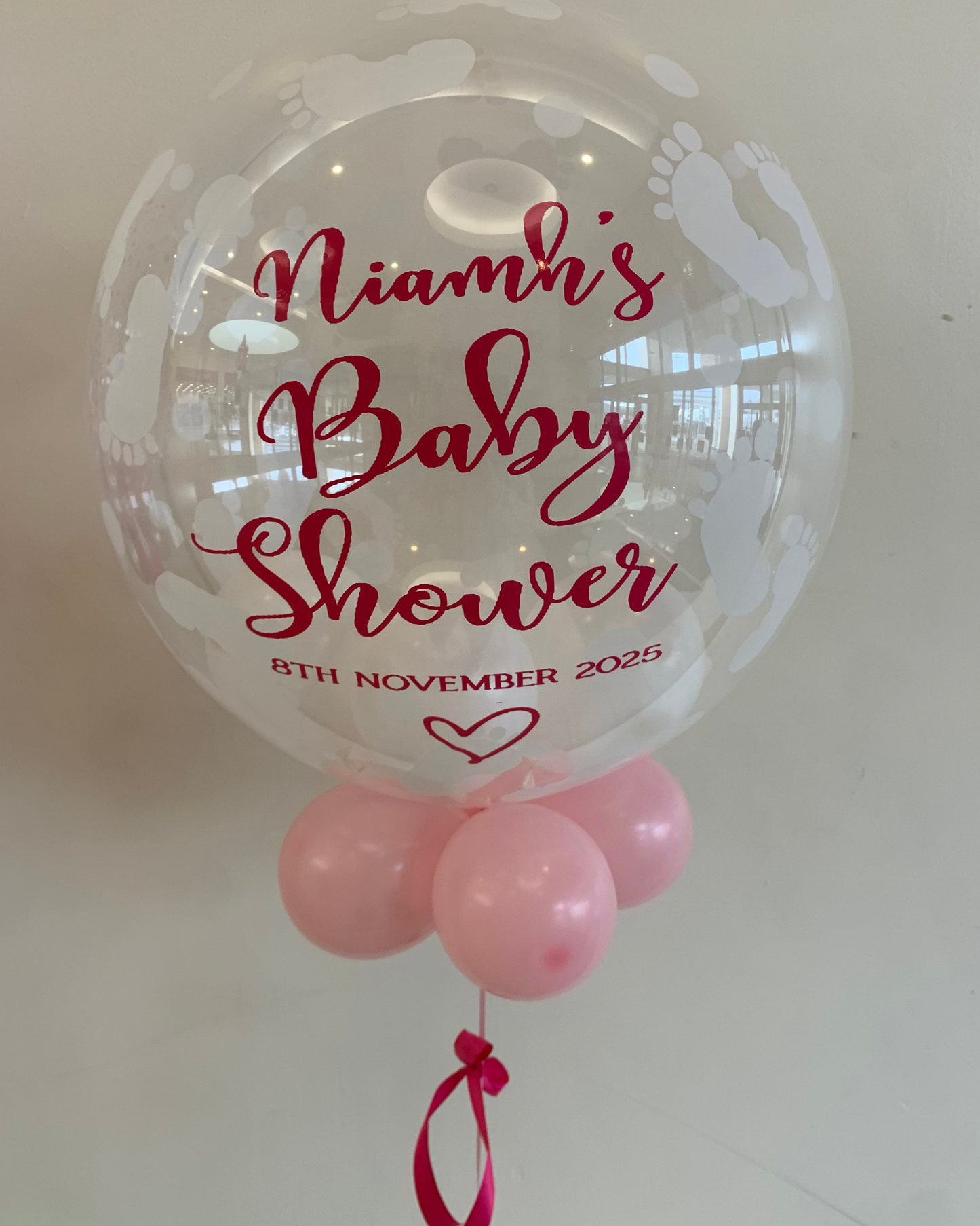 Personalised Baby Footprint Bubble – Baby Pink & White Smallies, Dark Pink Vinyl