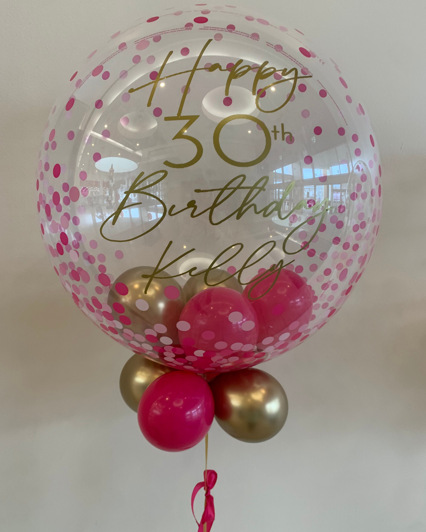 Personalised Pink Confetti Bubble – Dark Pink & Gold Smallies, Gold Vinyl