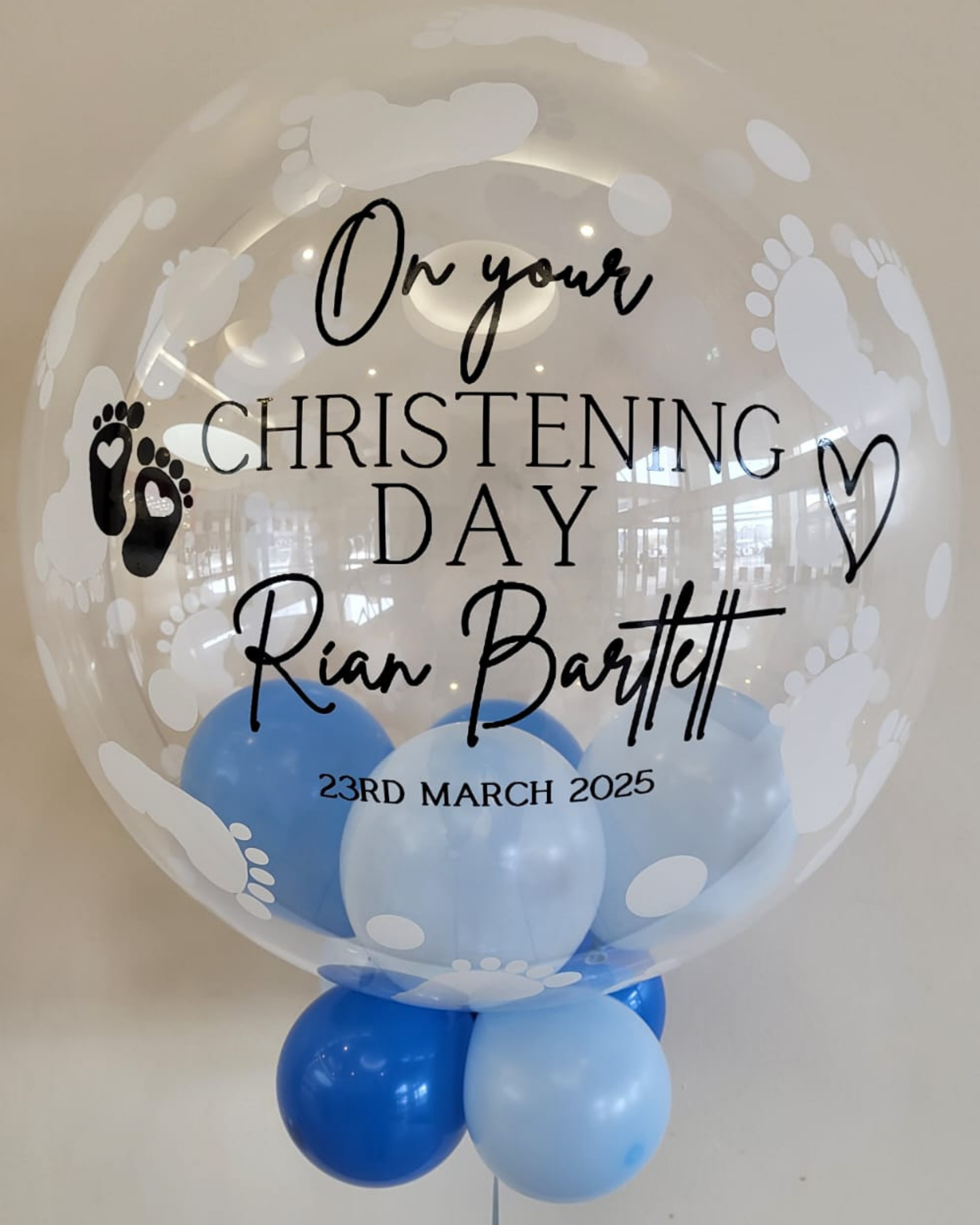 Personalised Baby Footprint Bubble – Baby Blue & Medium Blue Smallies, Black Vinyl