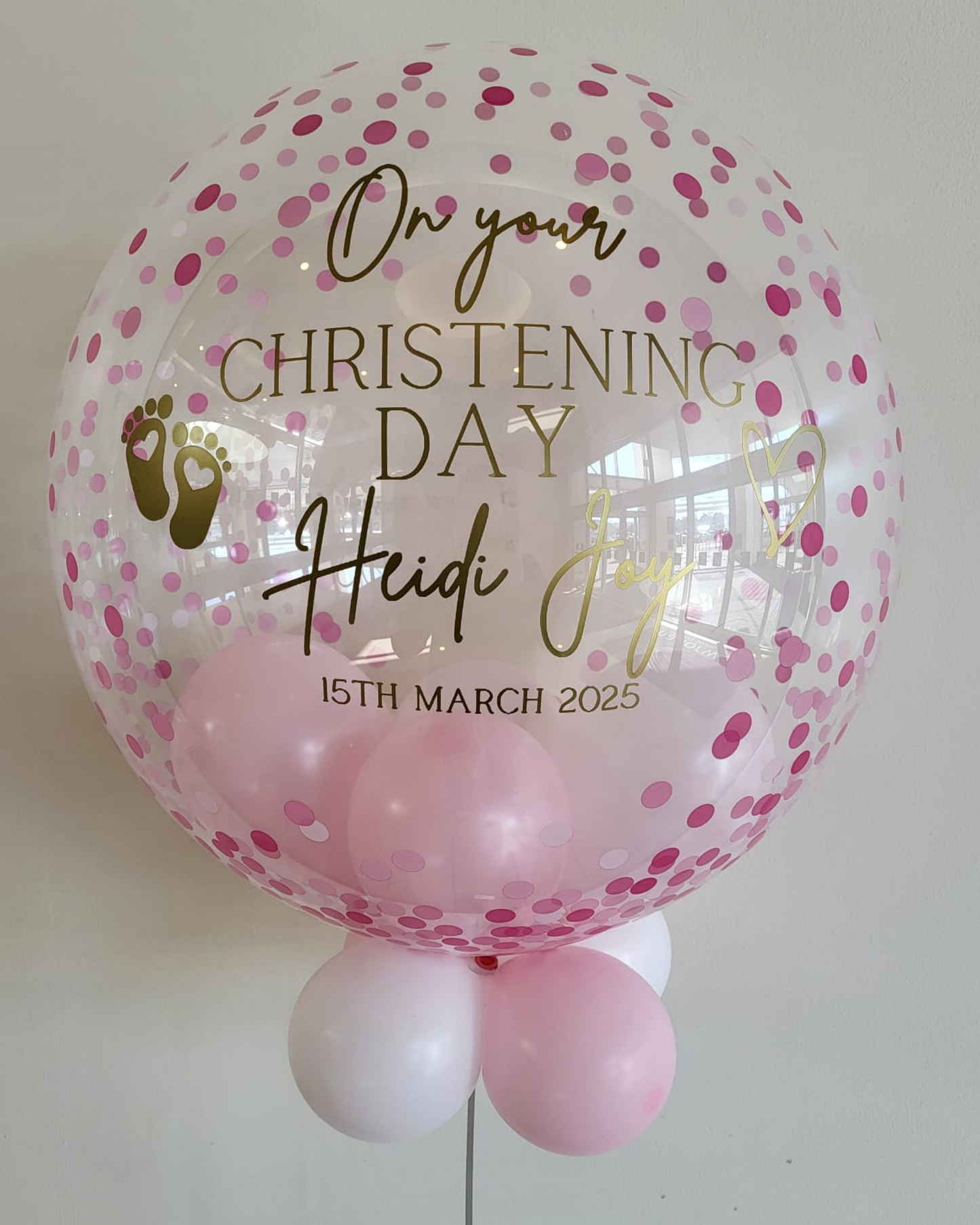 Personalised Pink Confetti Bubble, White & Baby Pink Smallies, Gold Vinyl