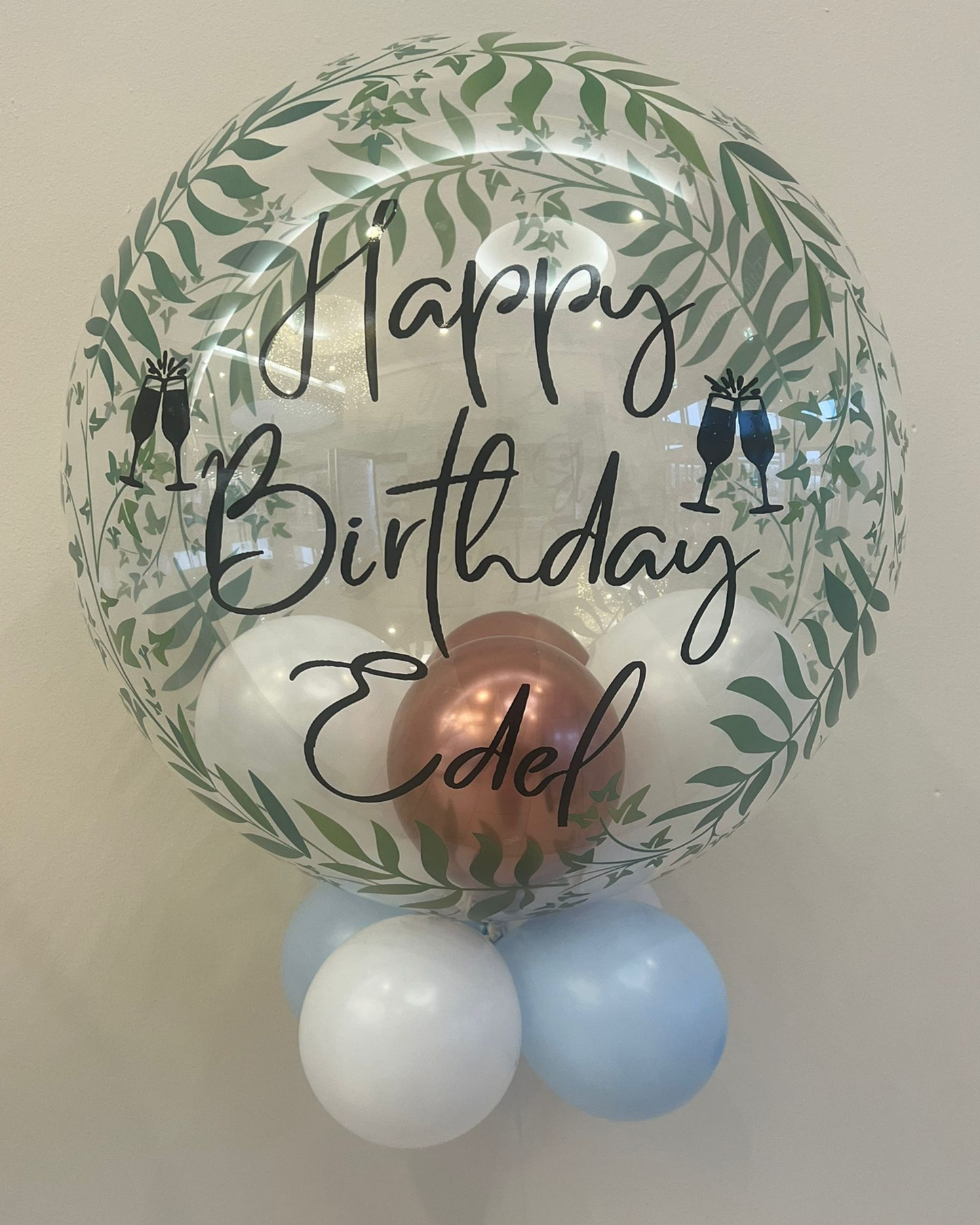 Personalised Greenery Bubble, Rose Gold & White Smallies inside, Baby Blue & White Smallies underneath, Black Vinyl