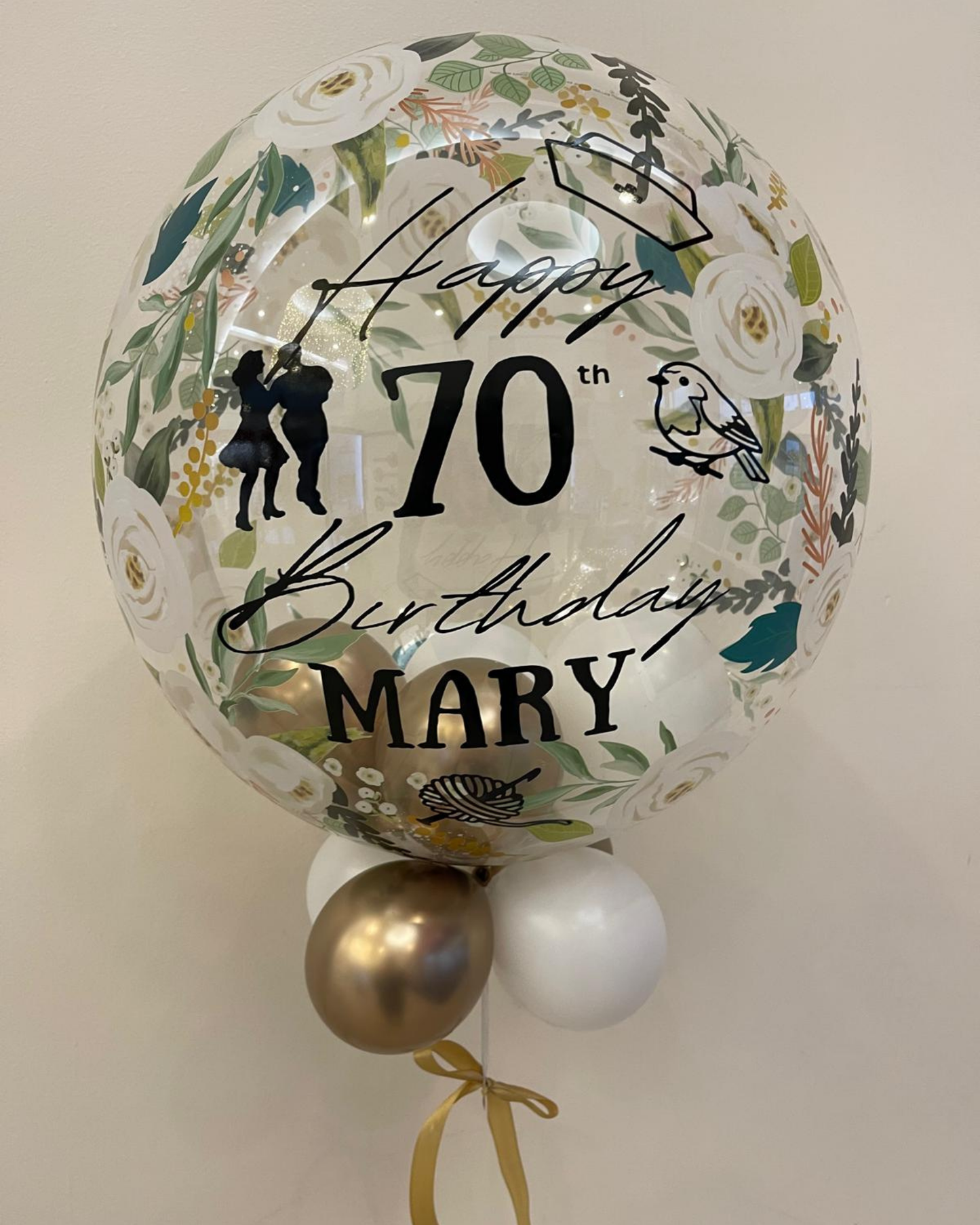 Personalised Floral Bubble – White & Gold Smallies, Black Vinyl