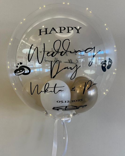 Personalised Clear Bubble – Cream, White & Gold Smallies with Ivory Bow