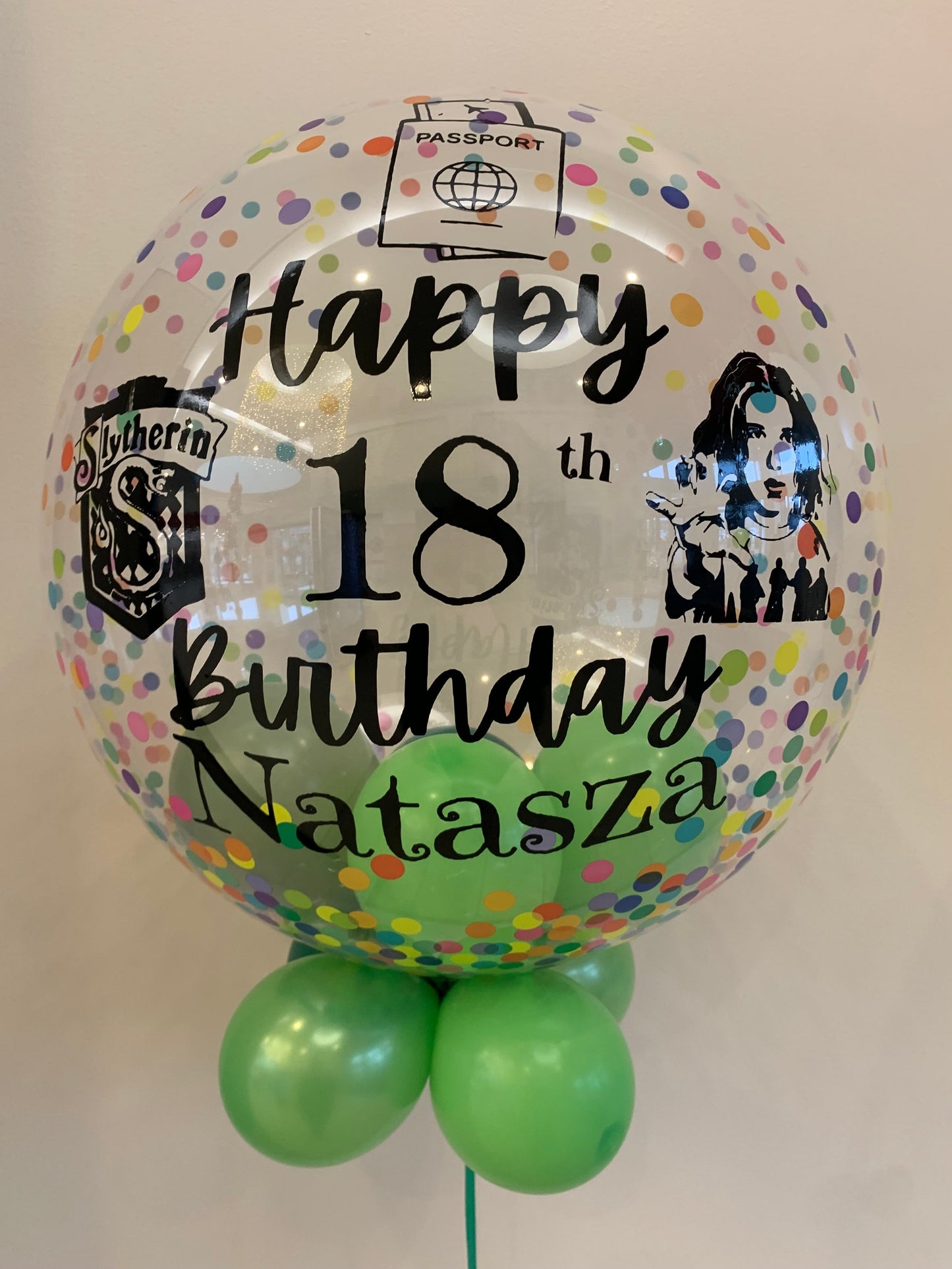 Personalised Multicoloured Confetti Bubble, Shades of Bright Green Smallies, Black Vinyl