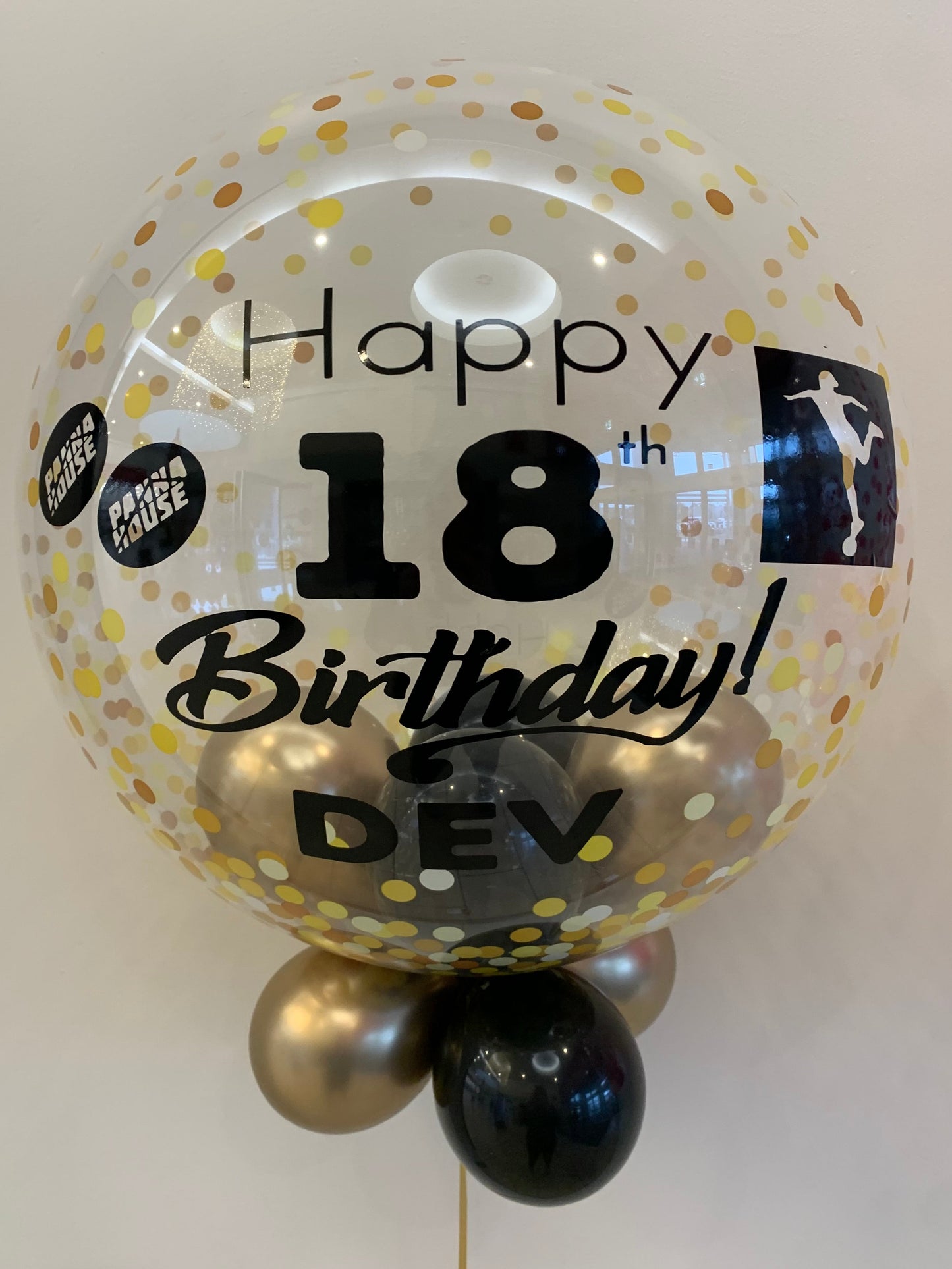 Personalised Gold Confetti Bubble, Black & Gold Smallies, Black Vinyl