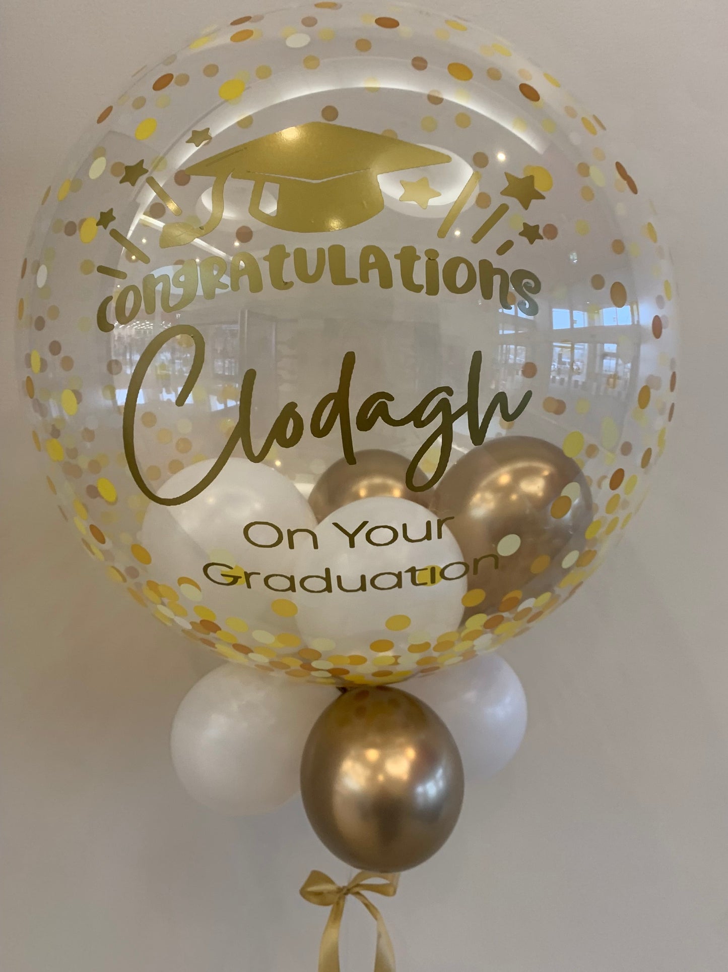 Personalised Gold Confetti Bubble – Gold & White Smallies, Gold Bow, Gold Vinyl