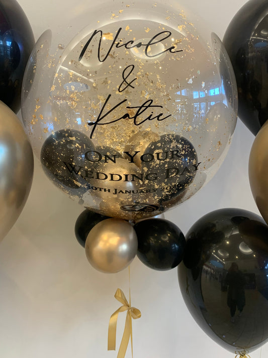 Personalised Clear Bubble with Gold Flakes – Black & Gold Smallies, Gold Bow, Black Vinyl
